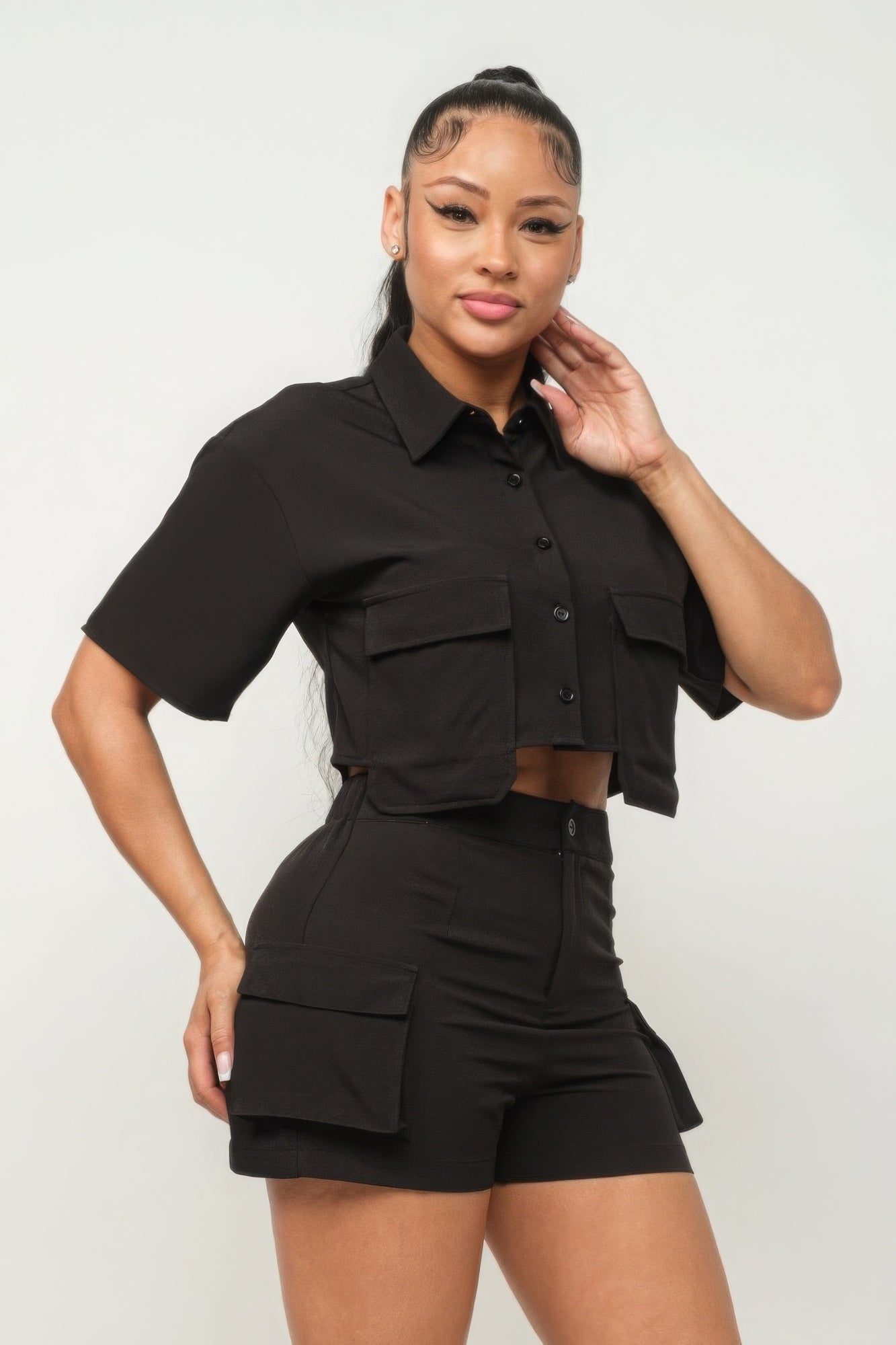 Front Button Down Side Pockets Top And Shorts Set product image