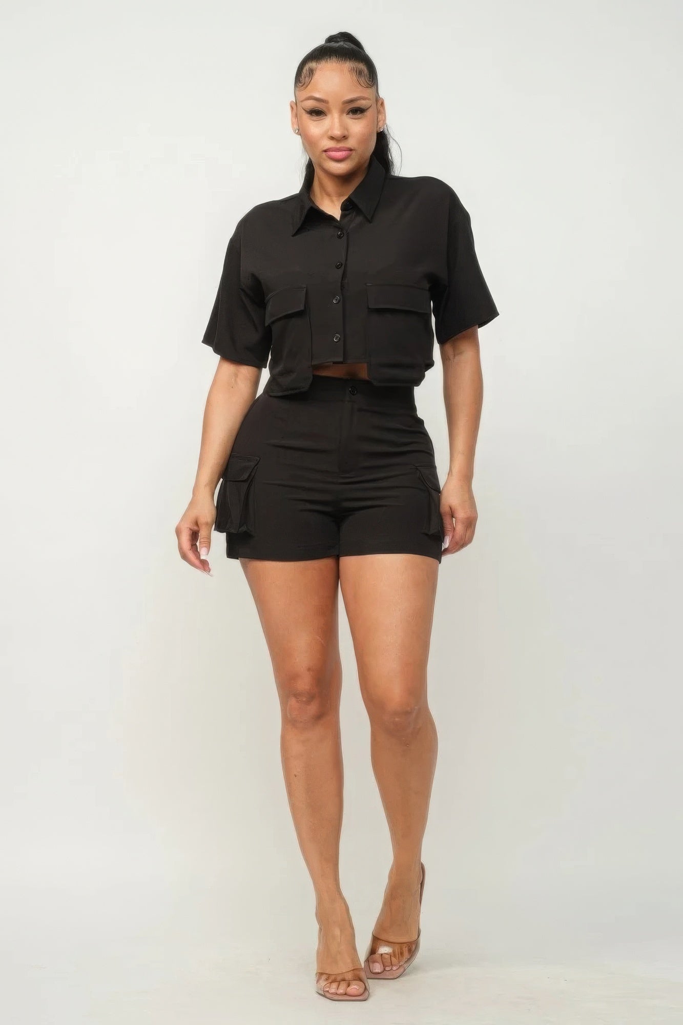 Front Button Down Side Pockets Top And Shorts Set product image