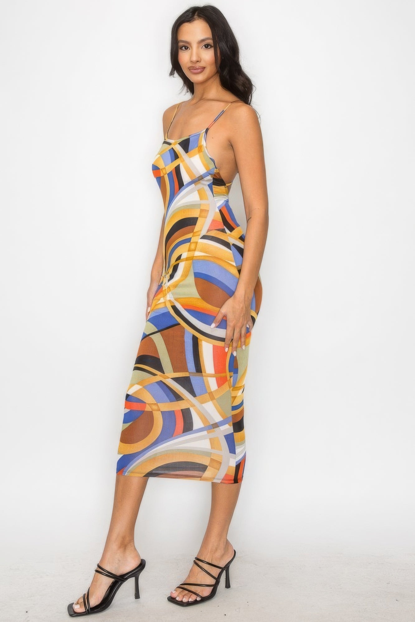 Crossed Back Marble Print Multicolor Midi Dress product image