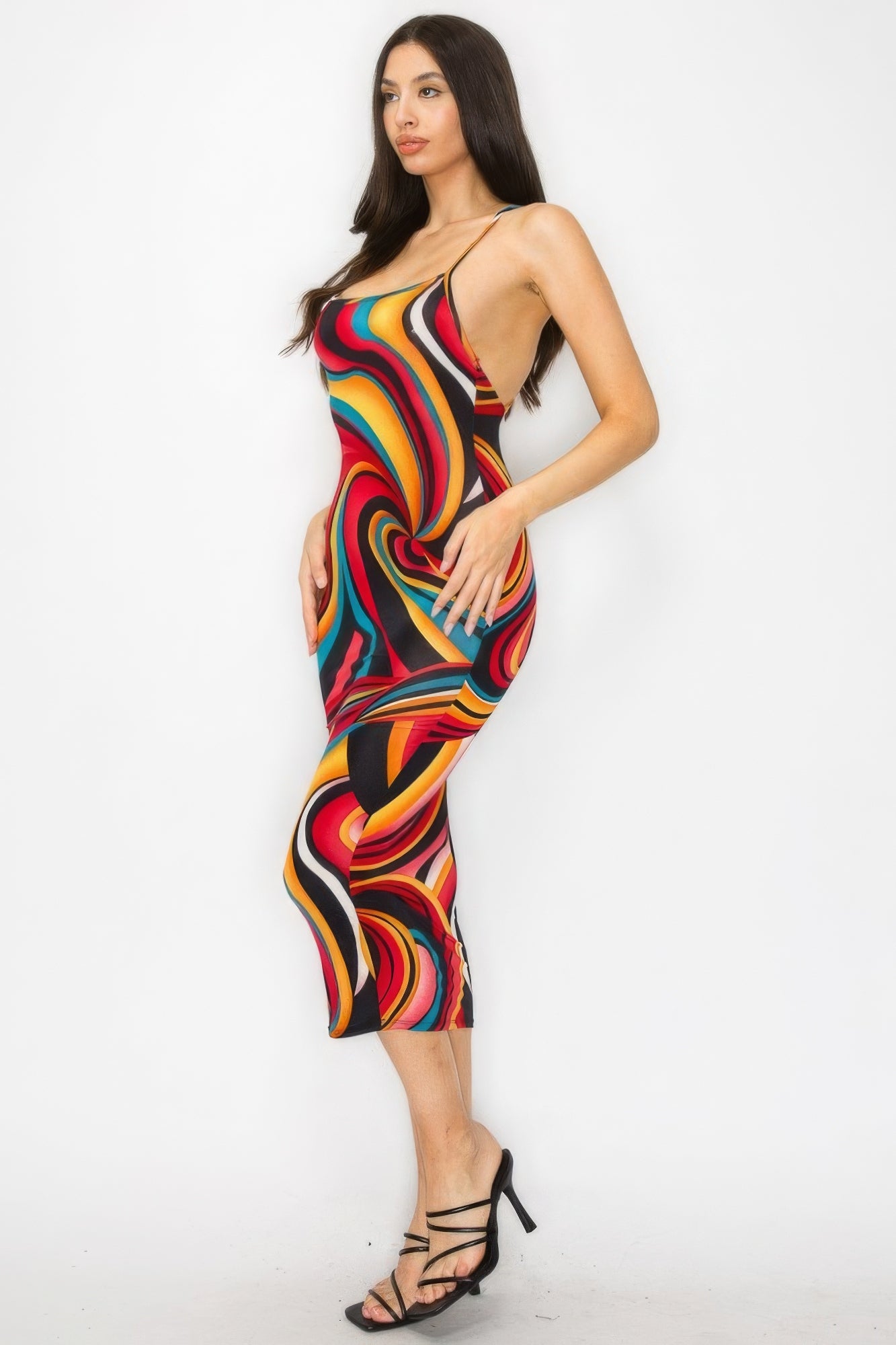 Crossed Back Marble Print Multicolor Midi Dress product image
