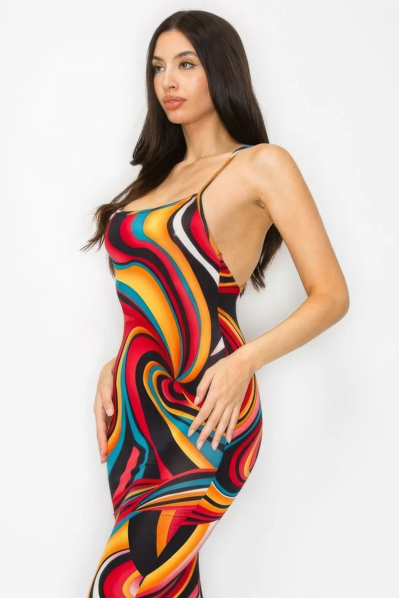 Crossed Back Marble Print Multicolor Midi Dress product image