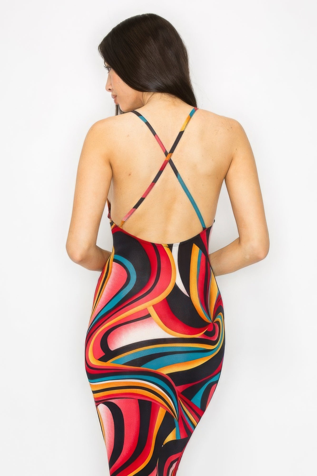 Crossed Back Marble Print Multicolor Midi Dress product image