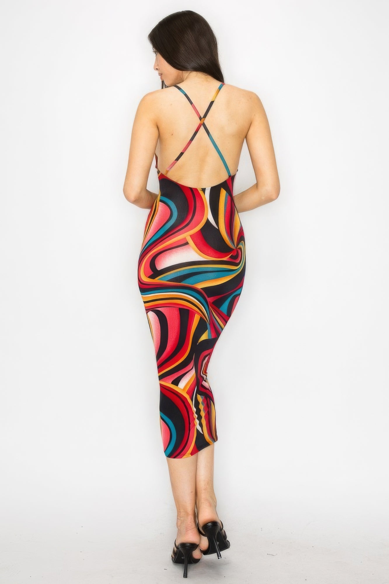 Crossed Back Marble Print Multicolor Midi Dress product image