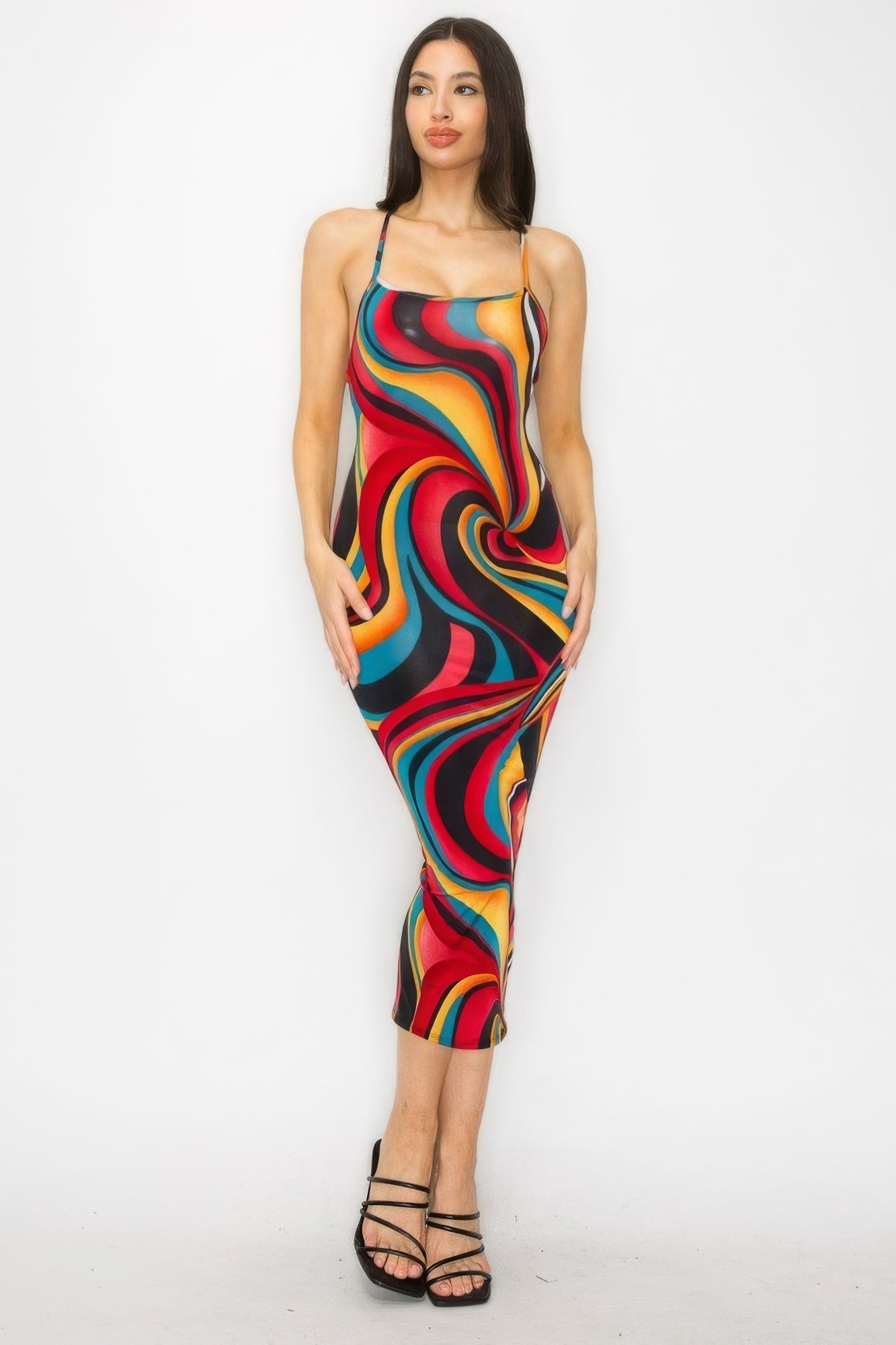 Crossed Back Marble Print Multicolor Midi Dress product image