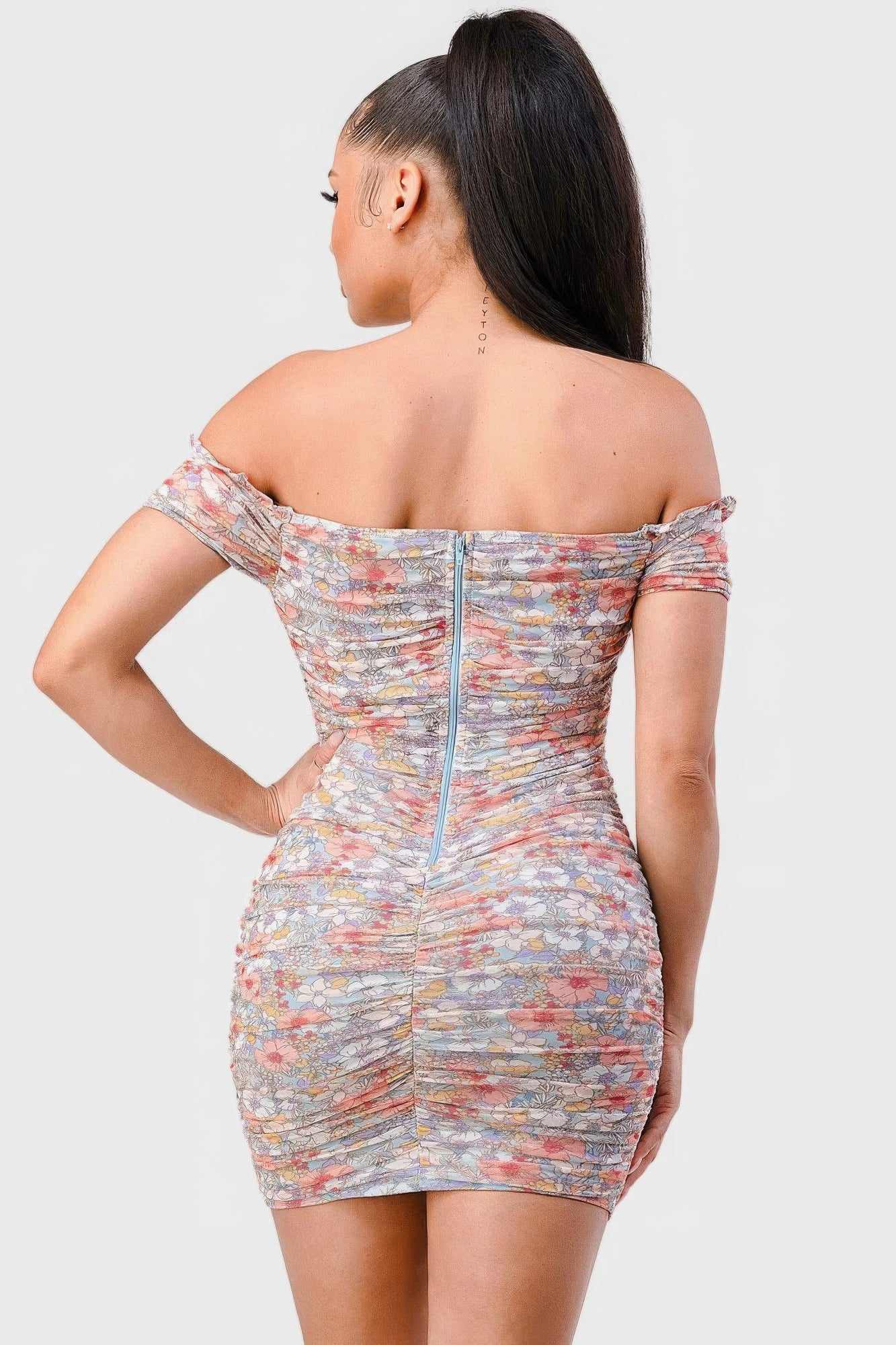 Floral Print Mesh Sweetheart Ruffled Off Shoulder Ruched Mini Dress product image