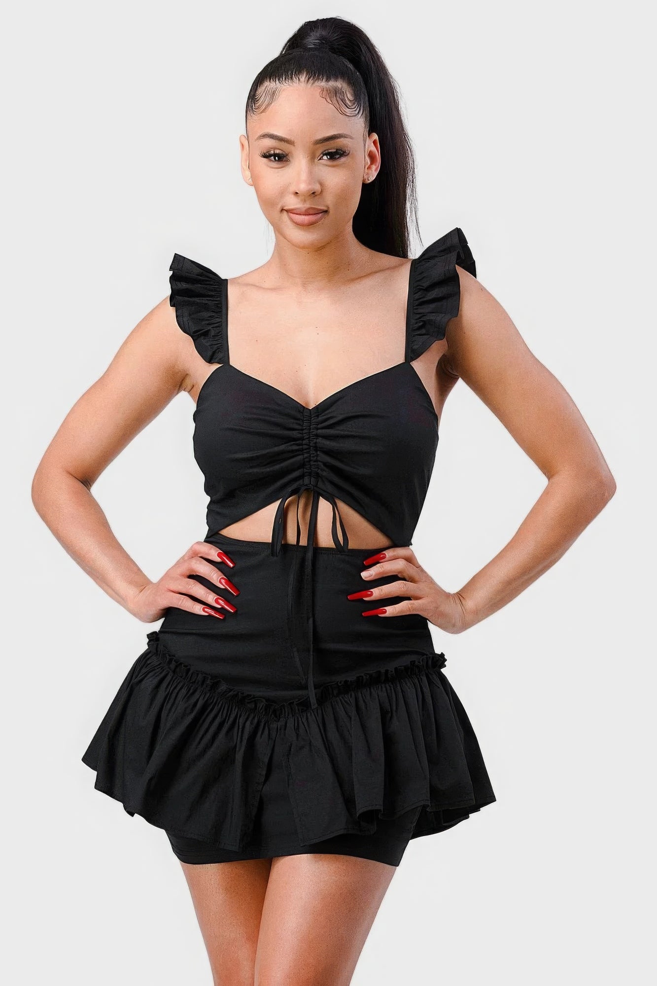Sweetheart With Drawstring Bow Cutout Ruffled Flutter Sleeves Mini Dress product image
