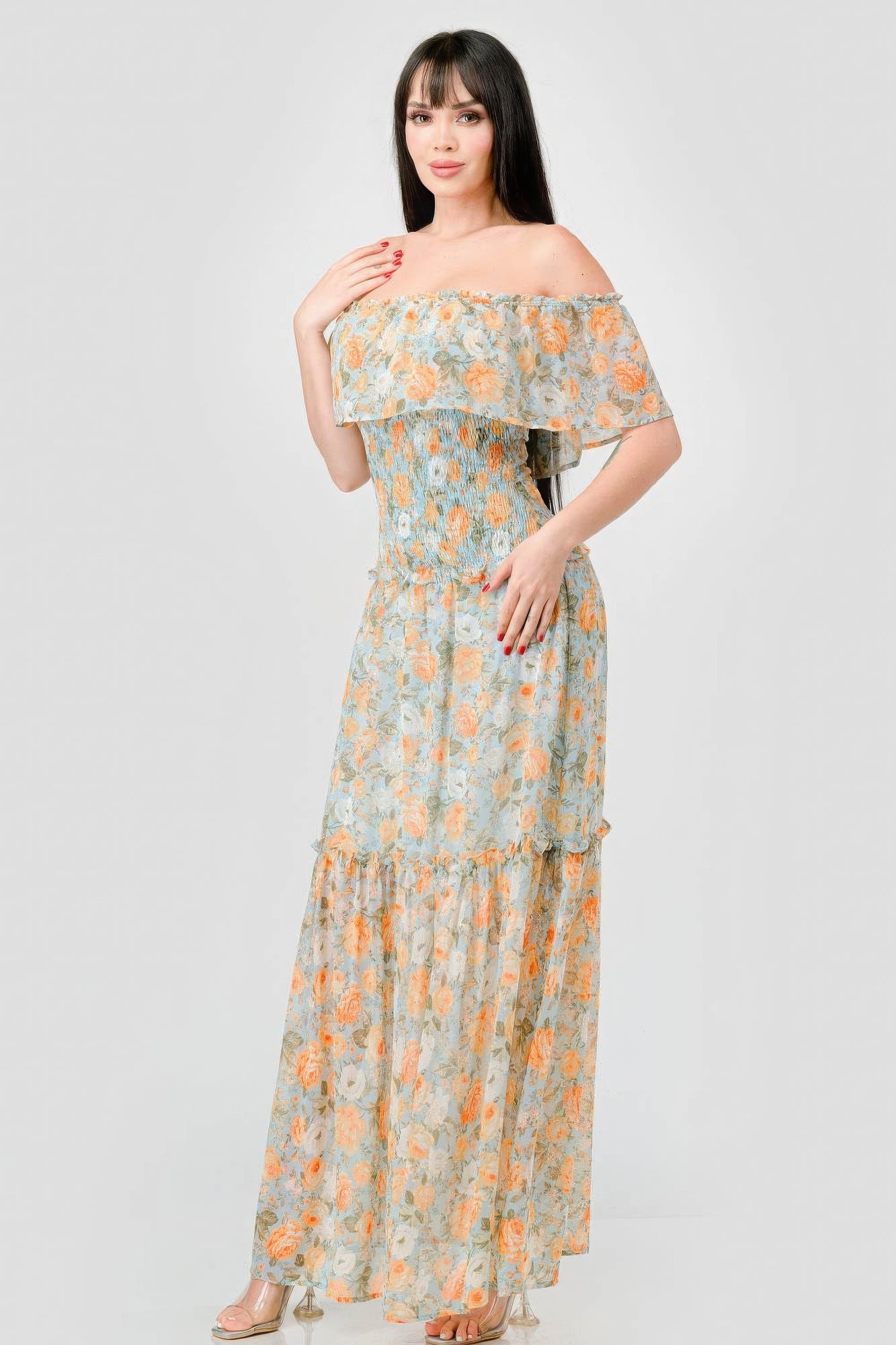 Floral Chiffon Off Shoulder Smocked Back Ruffled Tiered Maxi Dress product image