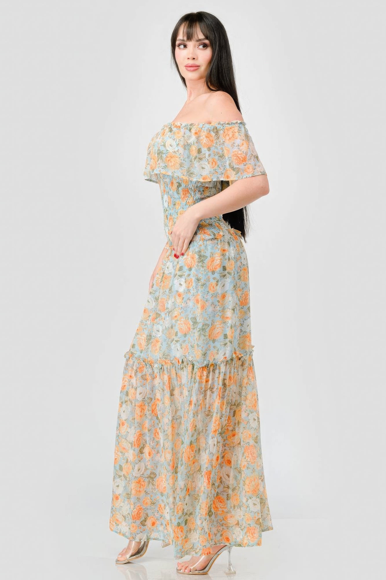 Floral Chiffon Off Shoulder Smocked Back Ruffled Tiered Maxi Dress product image