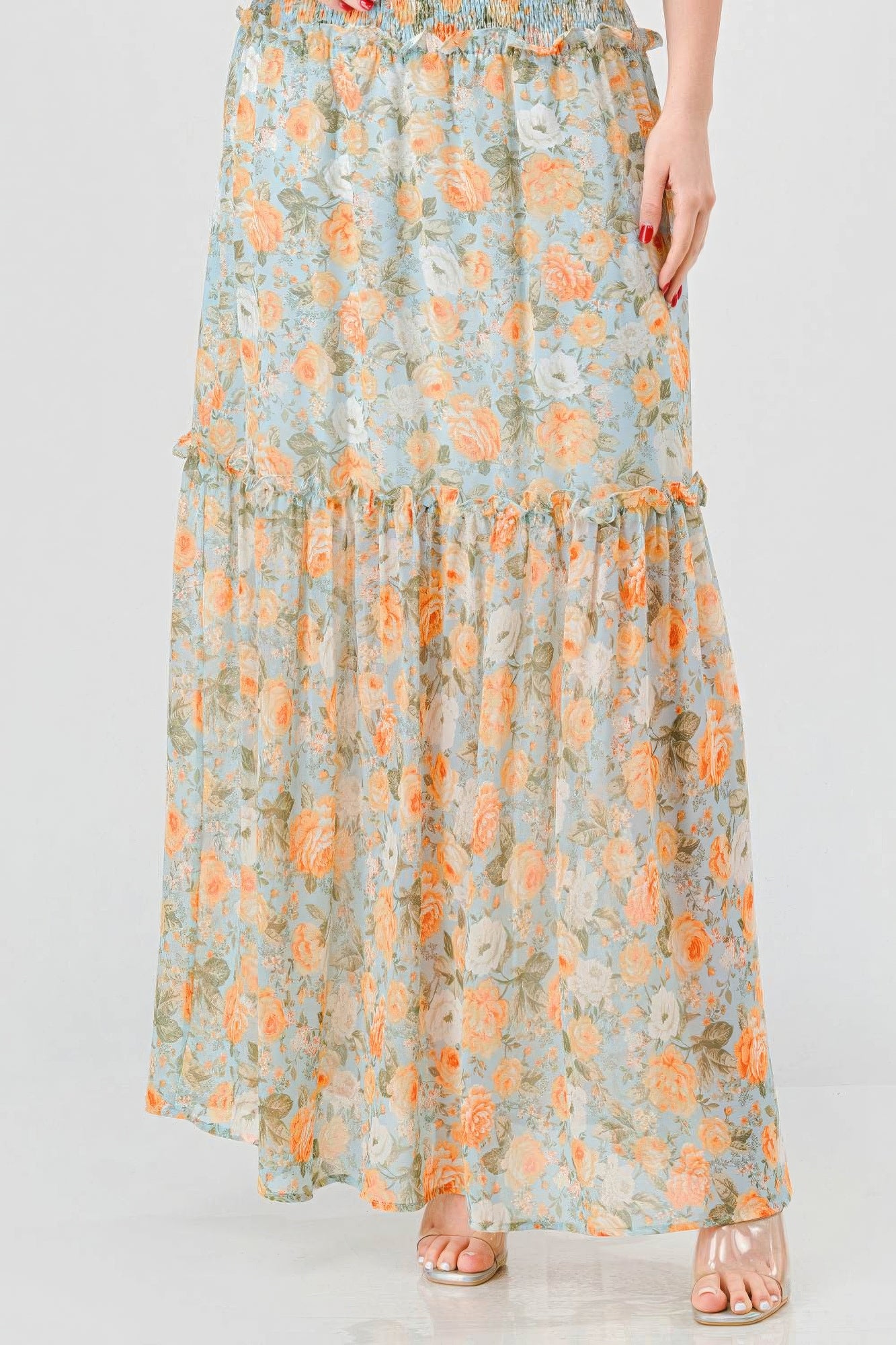 Floral Chiffon Off Shoulder Smocked Back Ruffled Tiered Maxi Dress product image