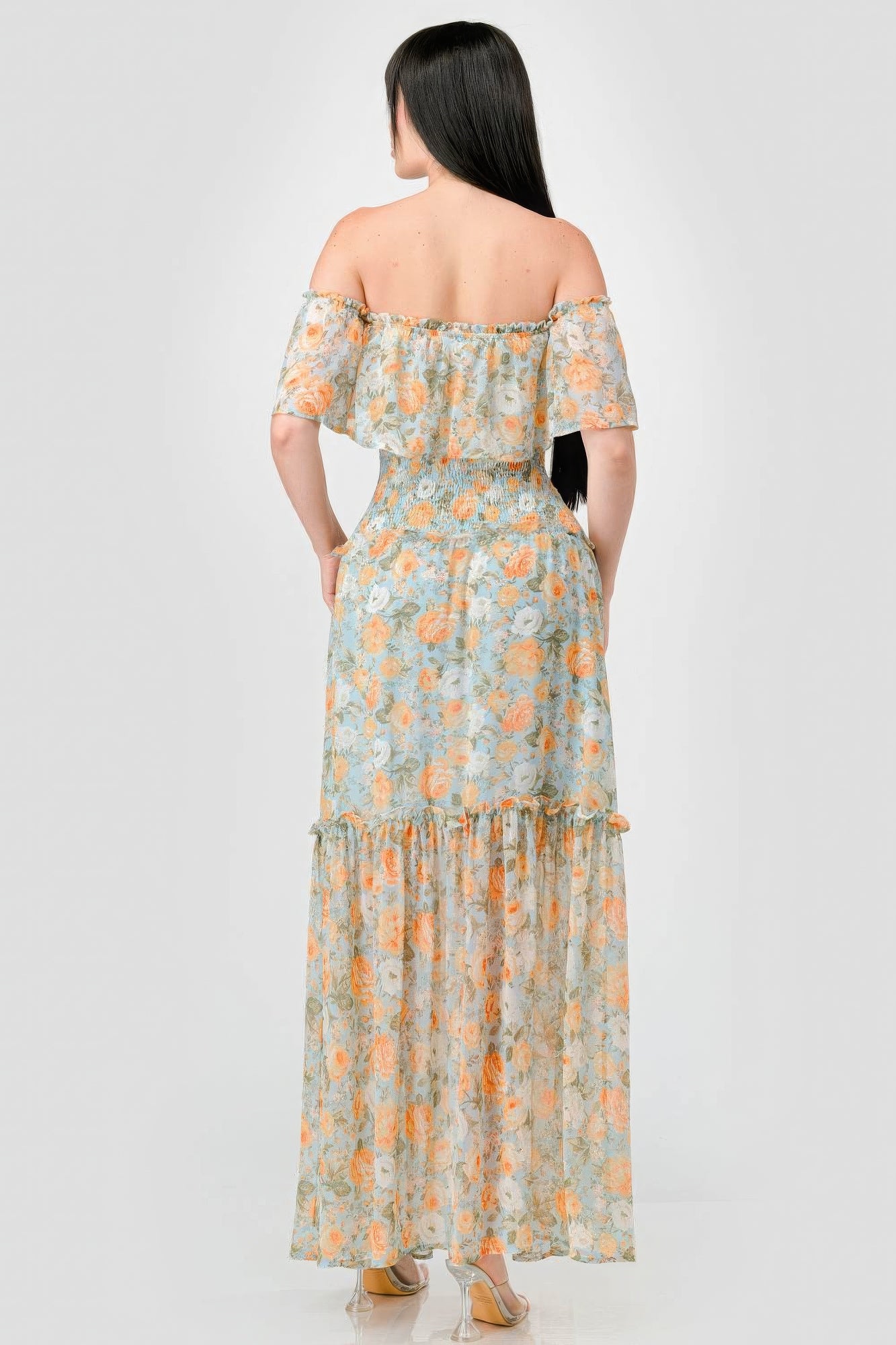 Floral Chiffon Off Shoulder Smocked Back Ruffled Tiered Maxi Dress product image