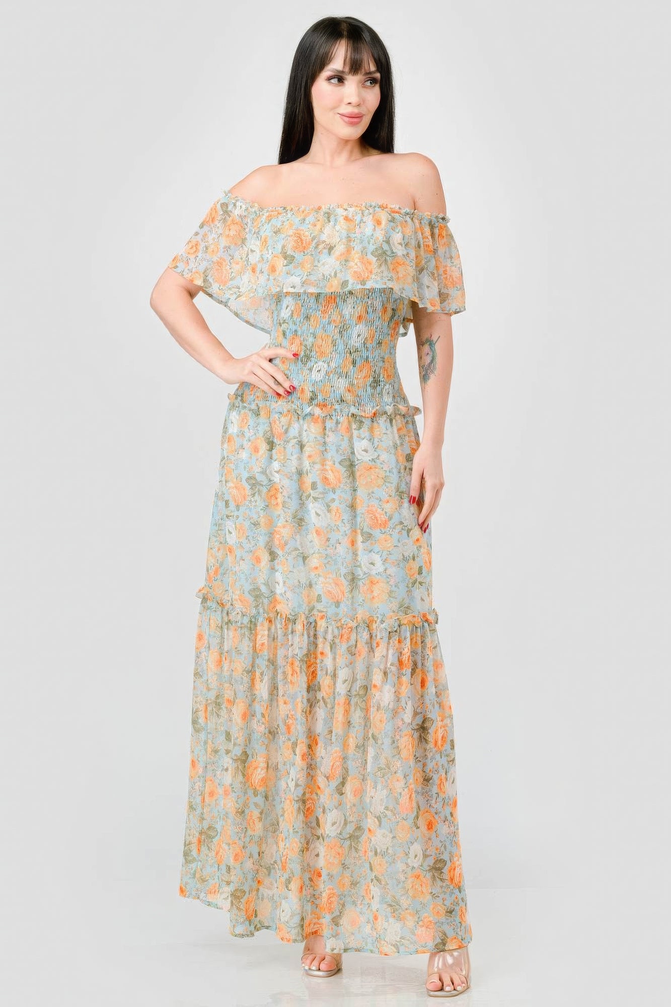 Floral Chiffon Off Shoulder Smocked Back Ruffled Tiered Maxi Dress product image
