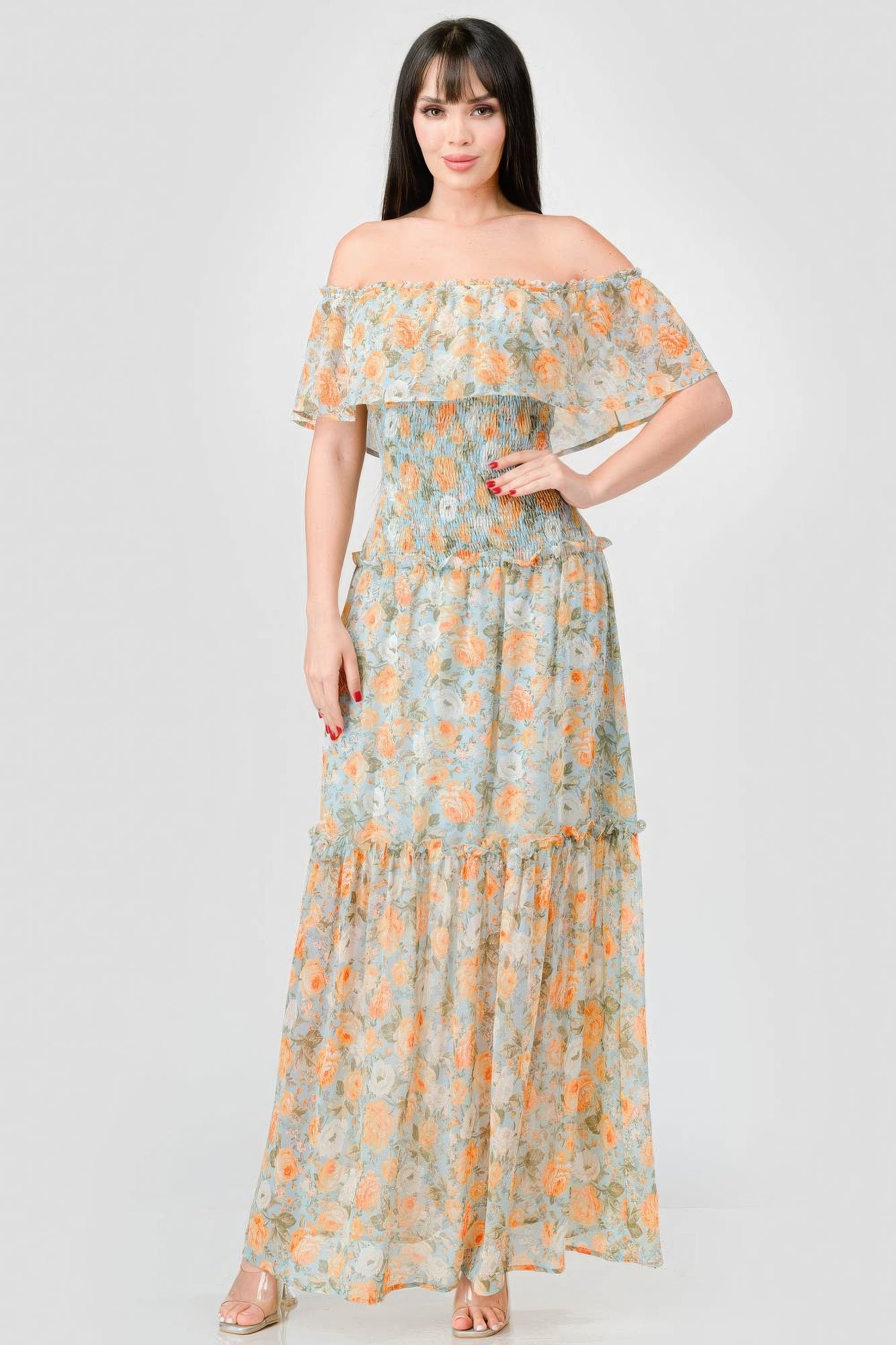 Floral Chiffon Off Shoulder Smocked Back Ruffled Tiered Maxi Dress product image