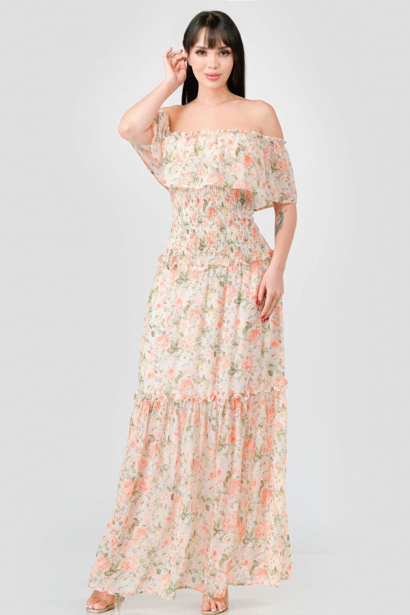 Floral Chiffon Off Shoulder Smocked Back Ruffled Tiered Maxi Dress product image