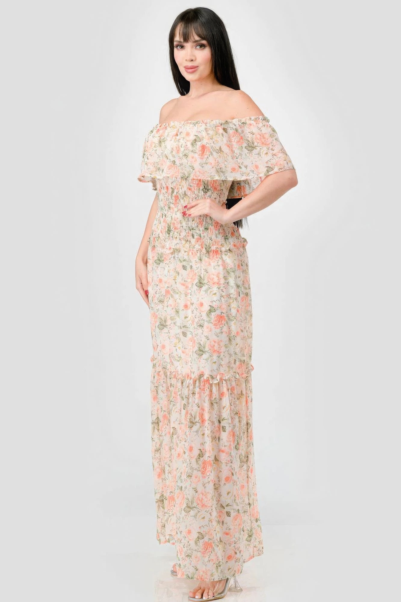 Floral Chiffon Off Shoulder Smocked Back Ruffled Tiered Maxi Dress product image