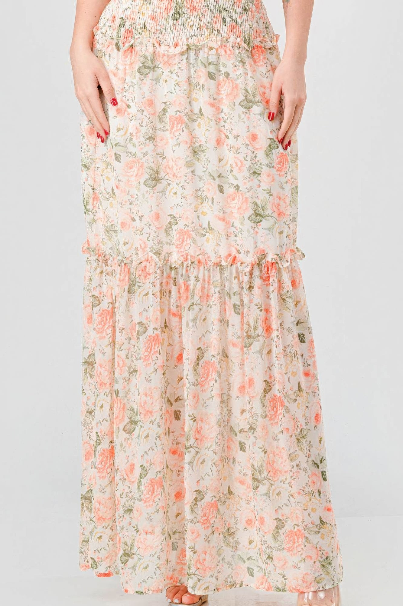 Floral Chiffon Off Shoulder Smocked Back Ruffled Tiered Maxi Dress product image