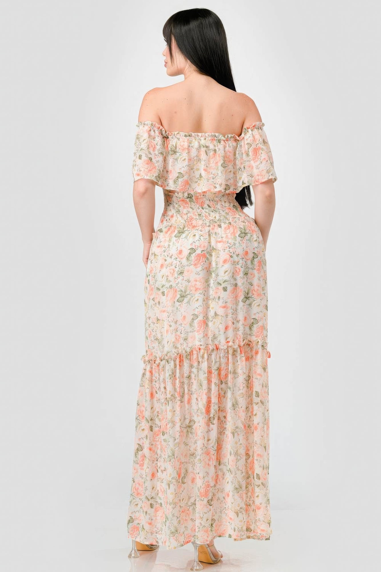 Floral Chiffon Off Shoulder Smocked Back Ruffled Tiered Maxi Dress product image