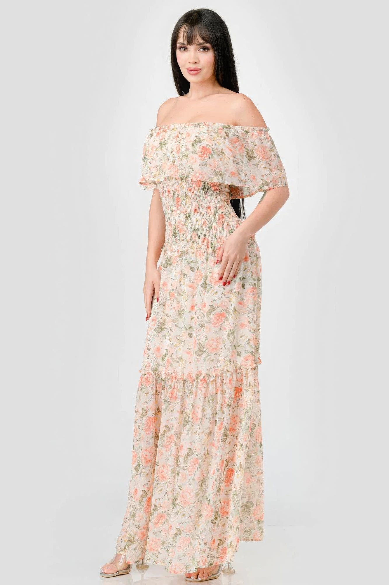 Floral Chiffon Off Shoulder Smocked Back Ruffled Tiered Maxi Dress product image