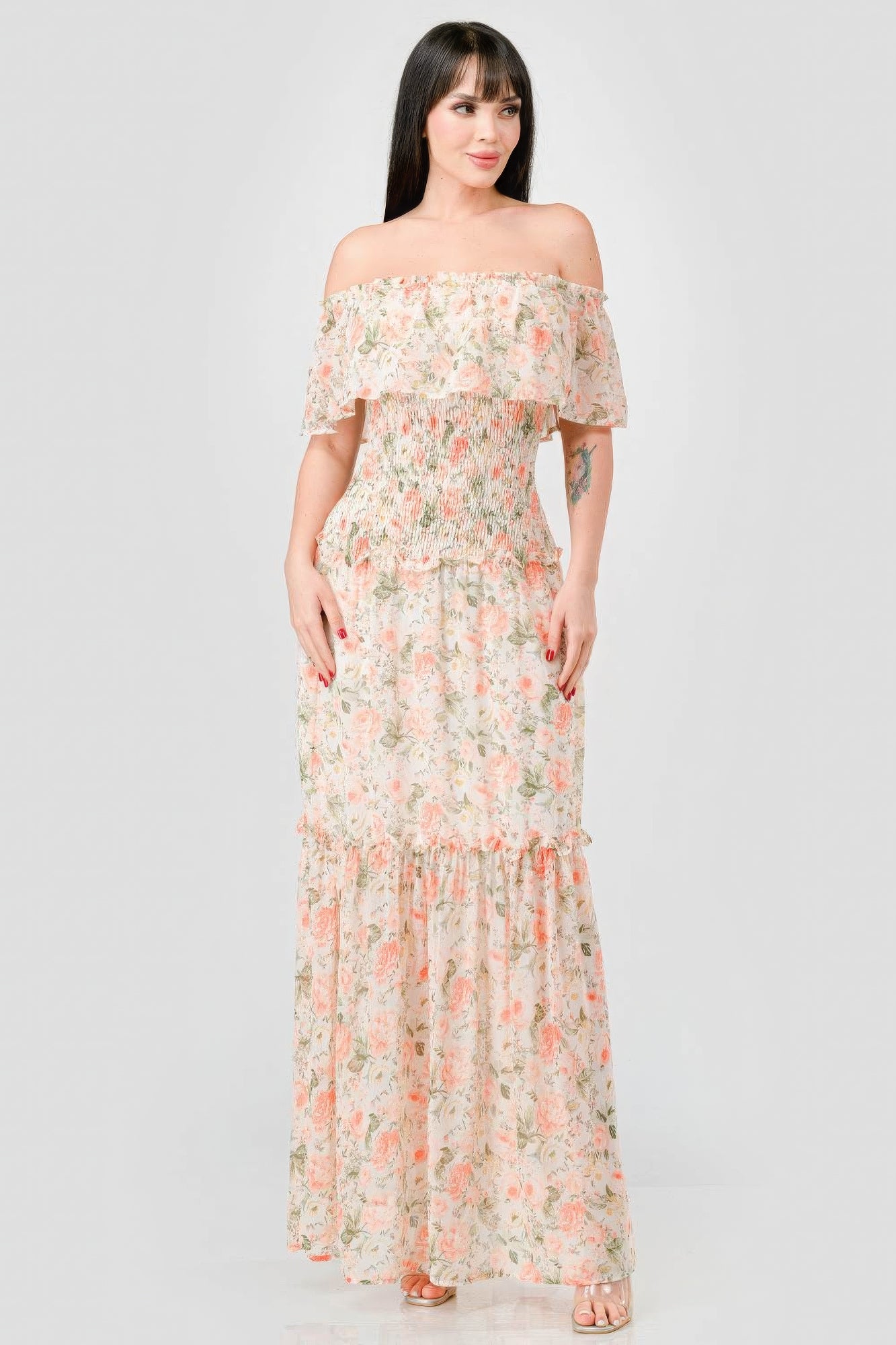Floral Chiffon Off Shoulder Smocked Back Ruffled Tiered Maxi Dress product image