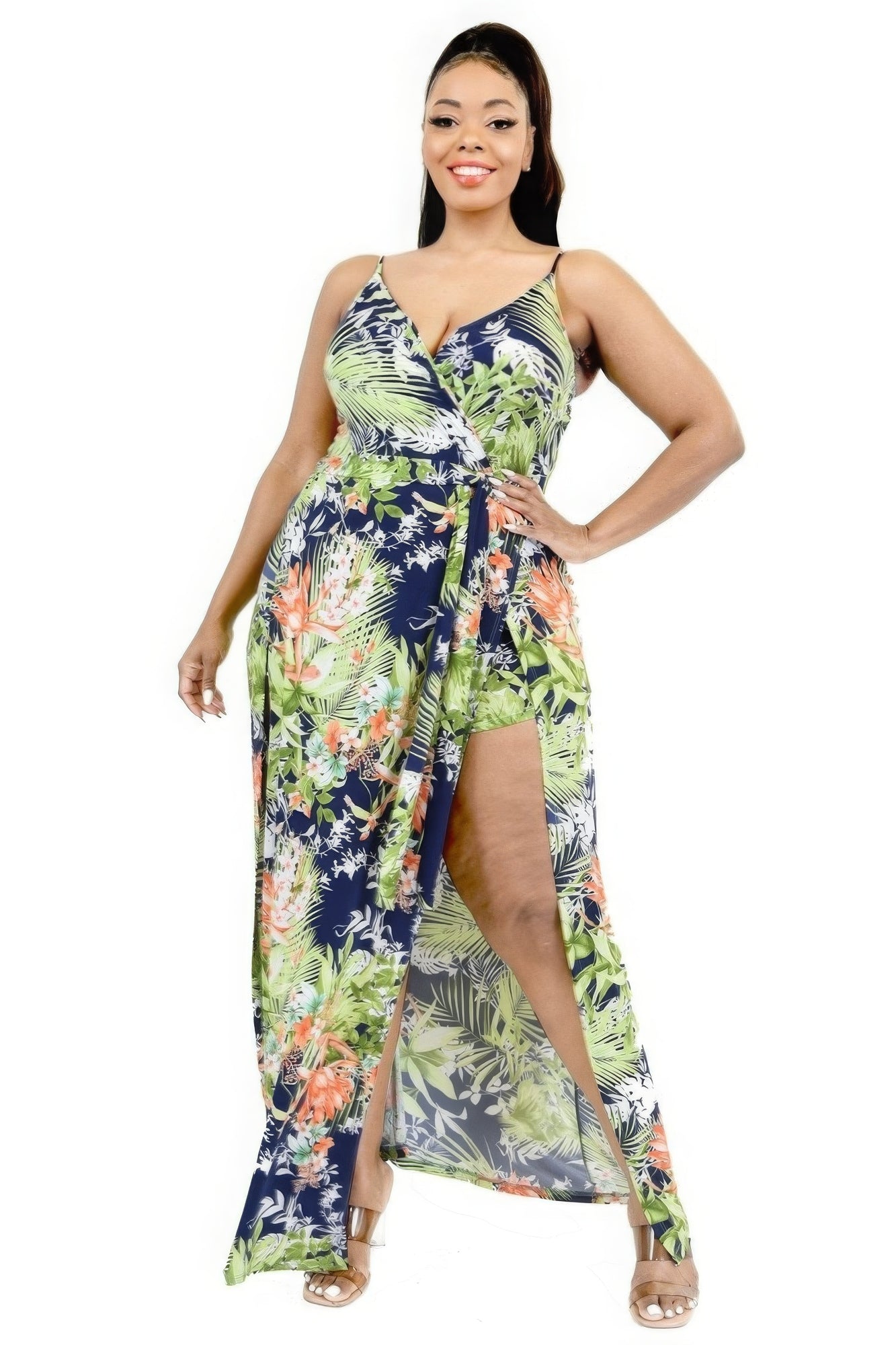 Plus Tropical Leaf Print Surplice Maxi Dress product image