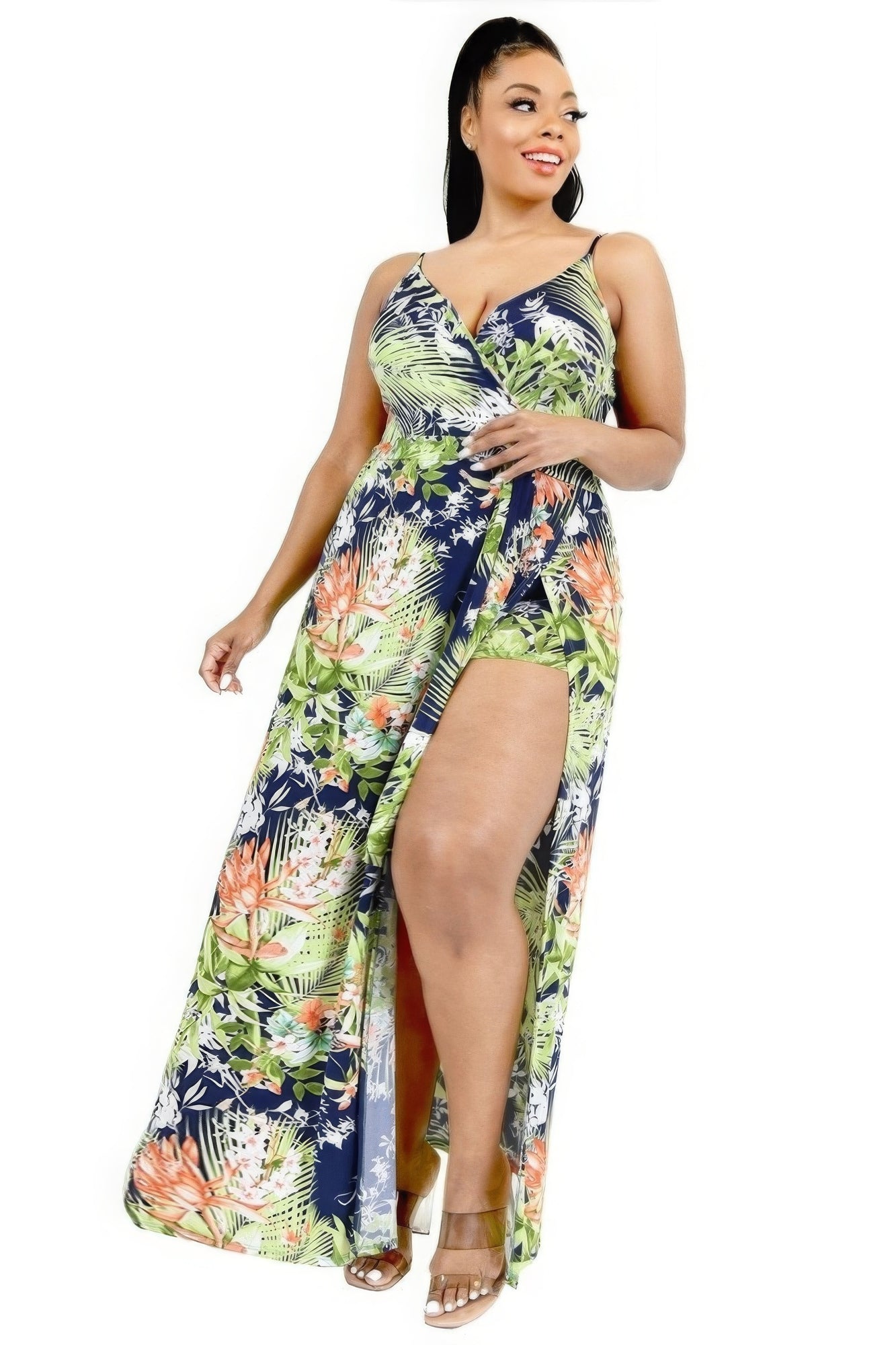 Plus Tropical Leaf Print Surplice Maxi Dress product image