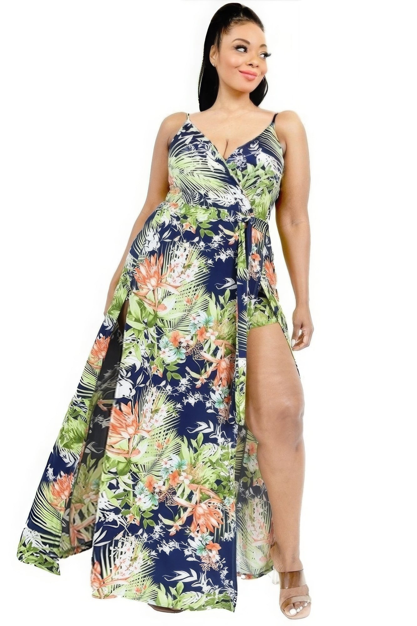 Plus Tropical Leaf Print Surplice Maxi Dress product image