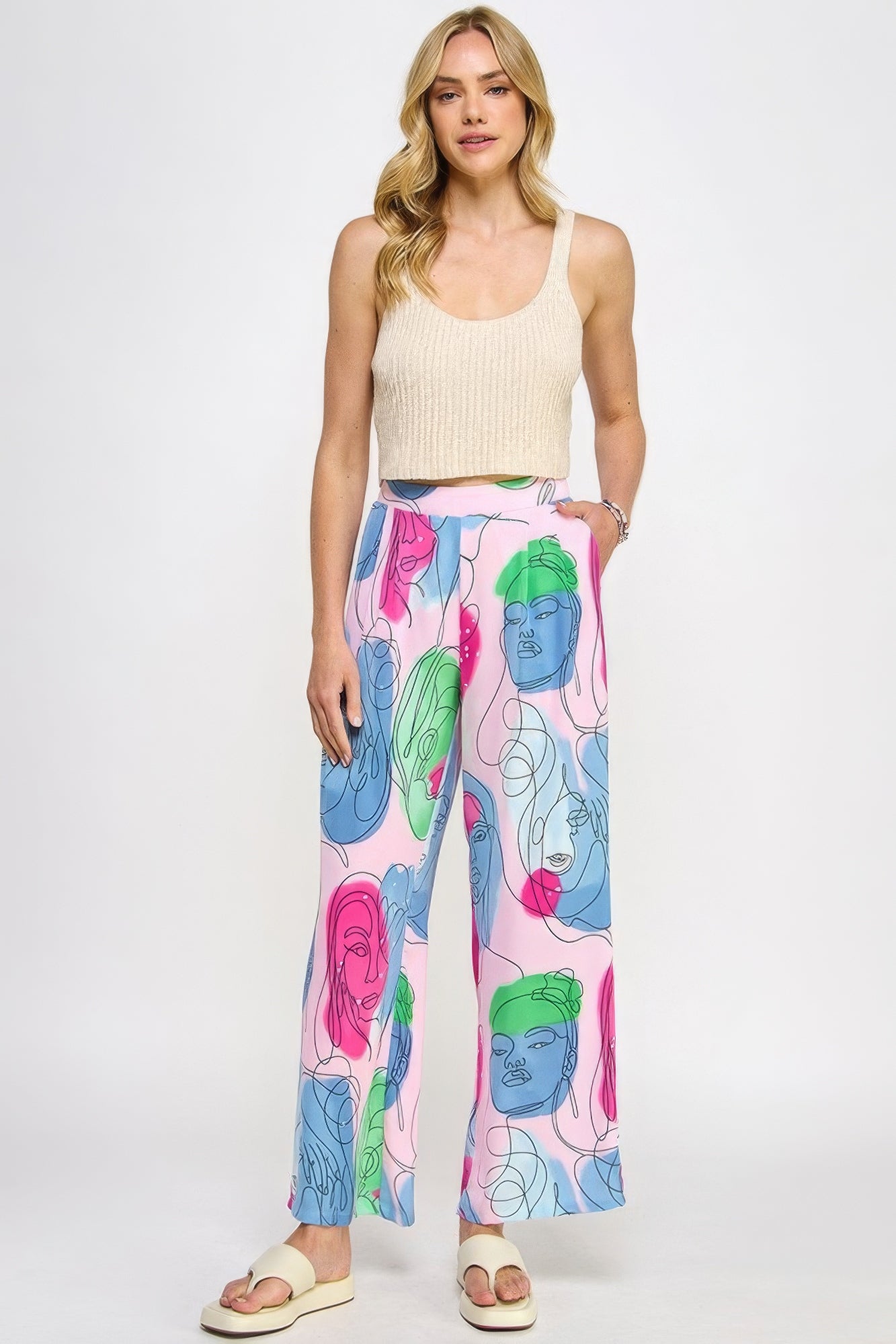 Printed Wide Leg Pant With Elastic Back product image