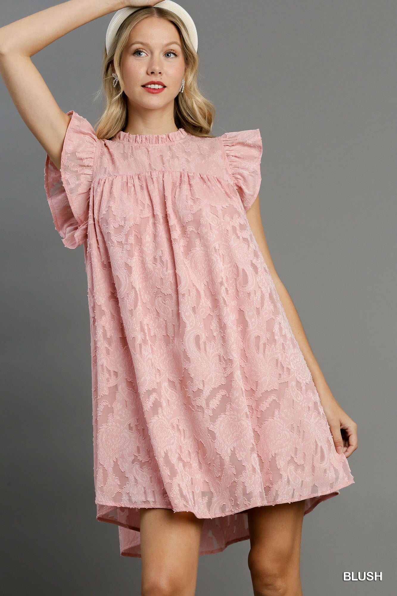 Jacquard Lace Ruffle Short Sleeve Dress With Back Button Keyhole product image