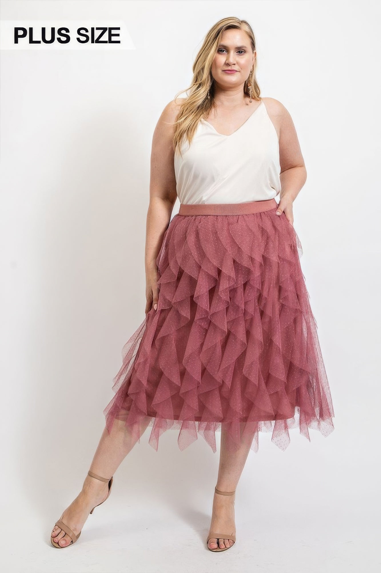 Ruffled Tulle Midi Skirt With Elastic Waist Band product image