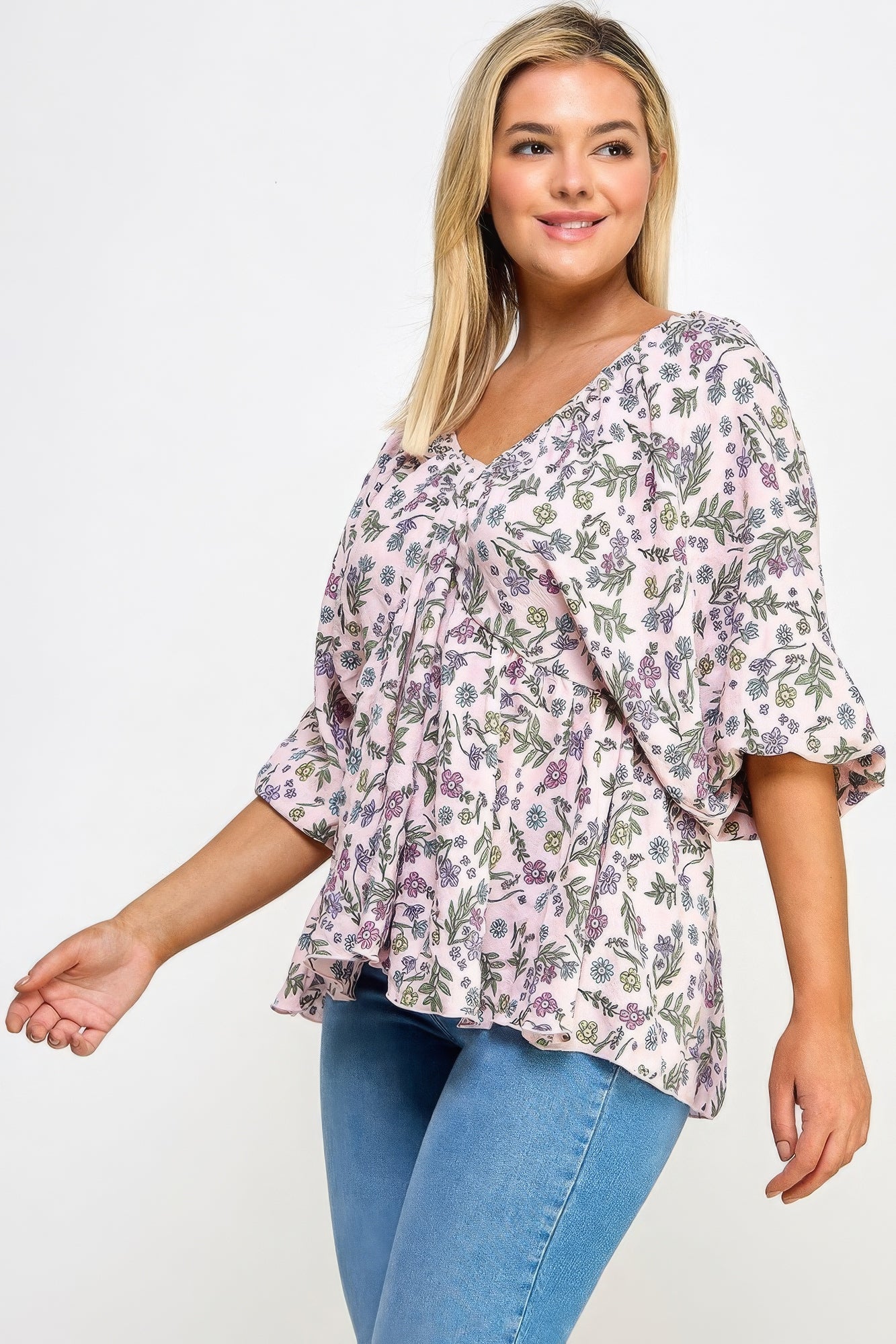 Floral V-neck Babydoll Balloon Slv Top product image
