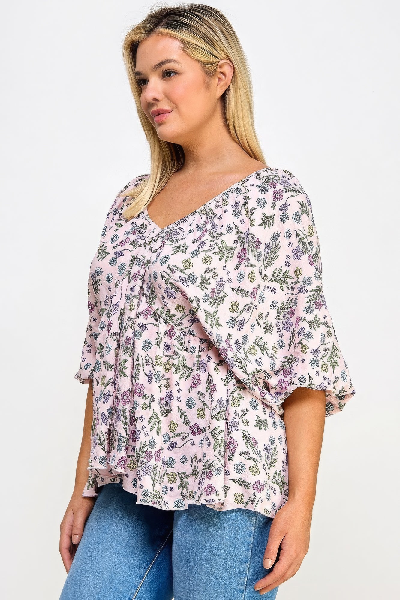 Floral V-neck Babydoll Balloon Slv Top product image