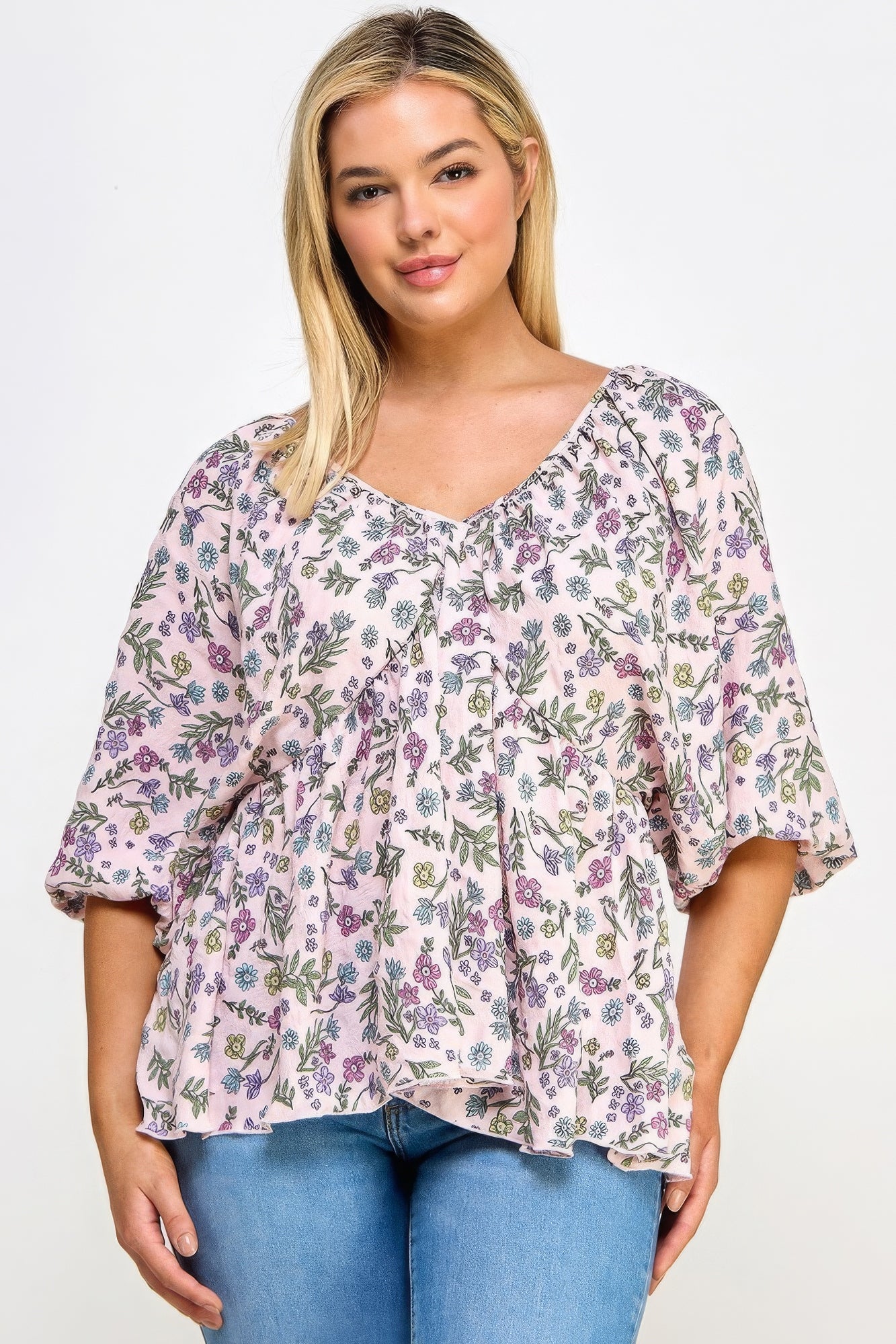 Floral V-neck Babydoll Balloon Slv Top product image