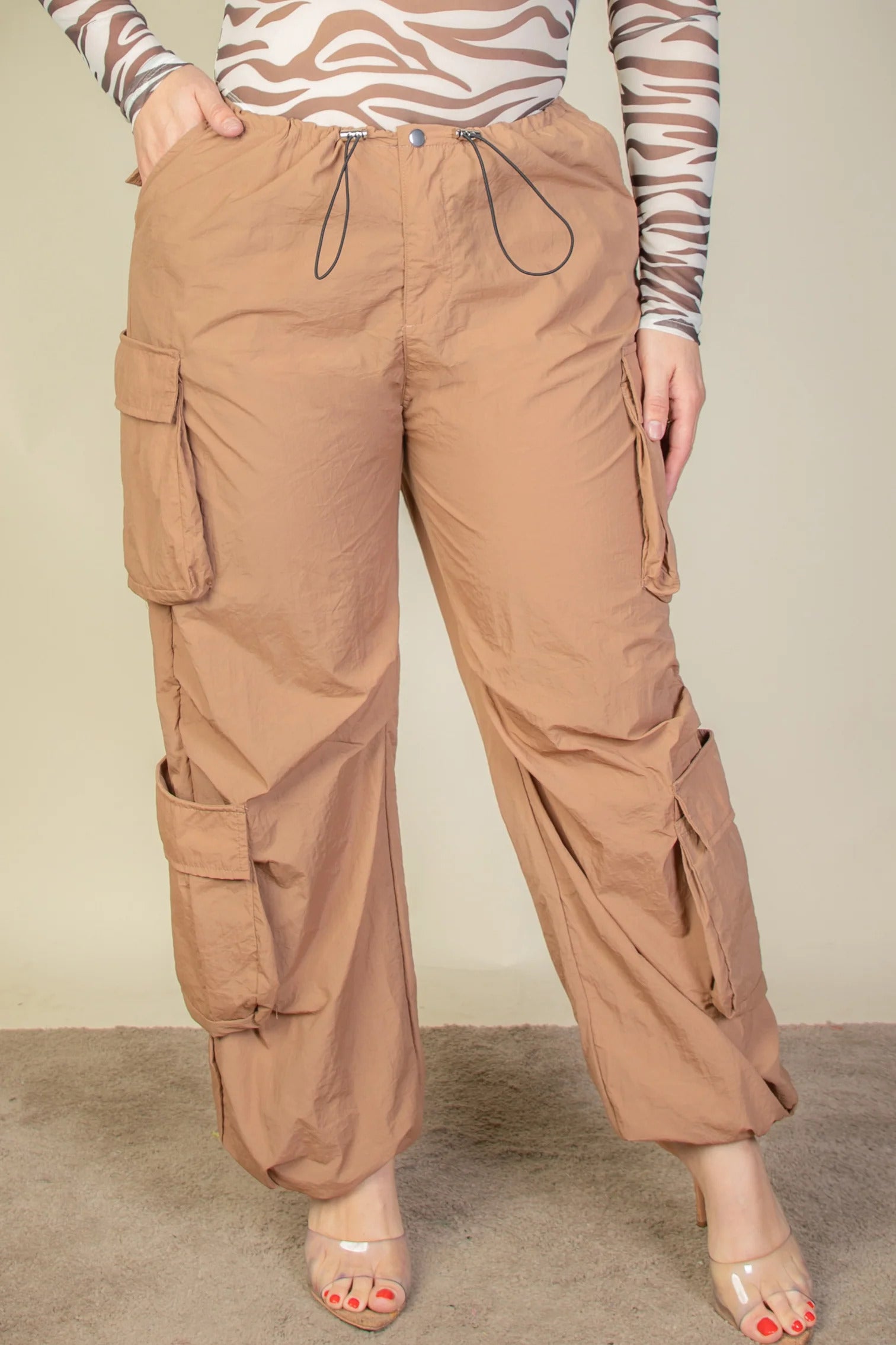 Plus Size Flap Pockets Drawstring Ruched Parachute Pants product image