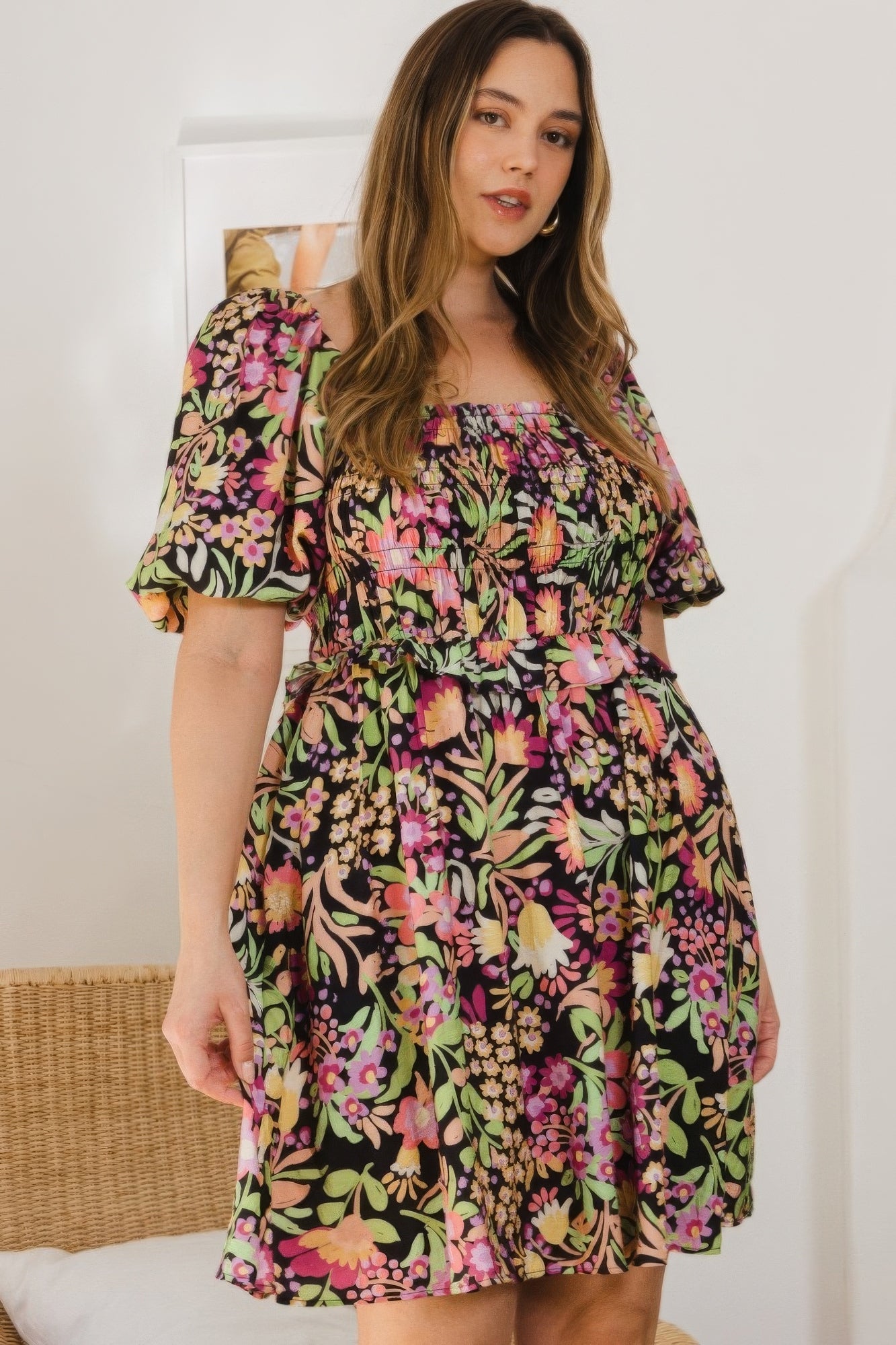 Plus Floral Printed Center Tie-back Mini Dress product image