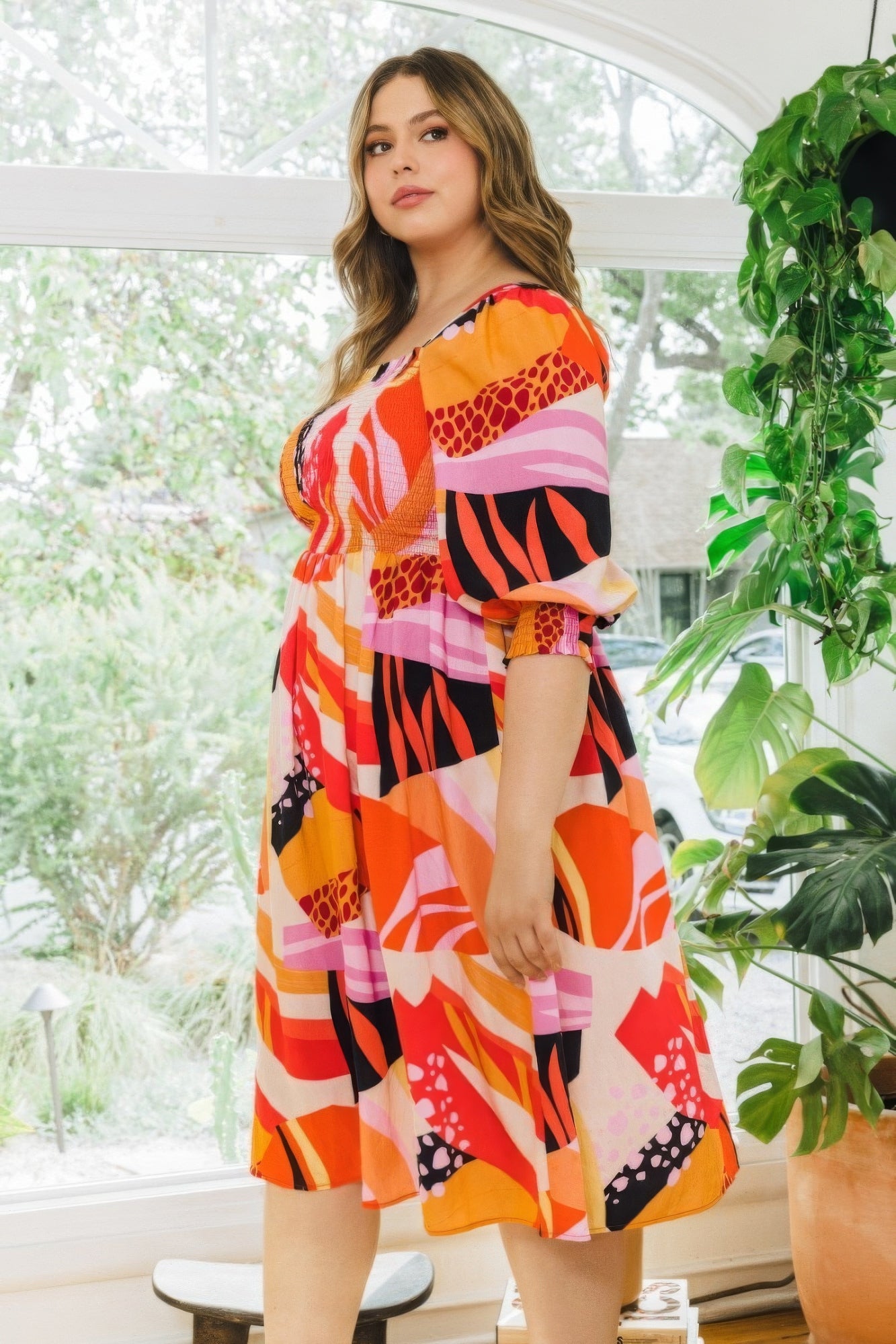 Plus Floral Print Square Neckline Midi Dress product image