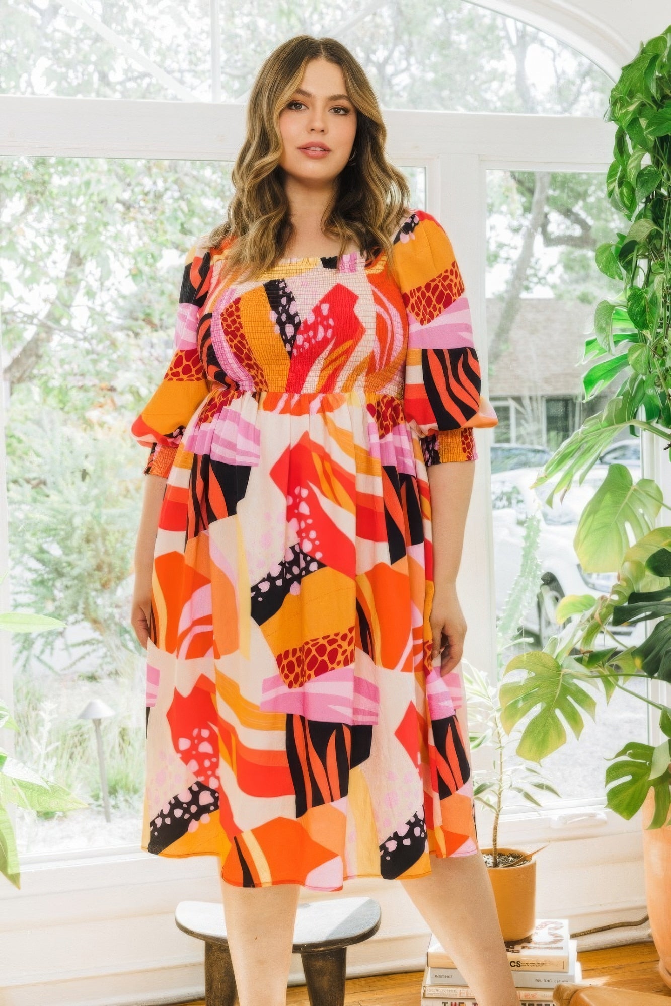 Plus Floral Print Square Neckline Midi Dress product image