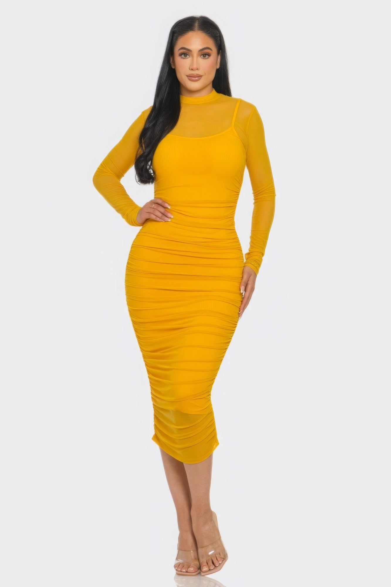Solid Mesh Ruched Midi Dress product image