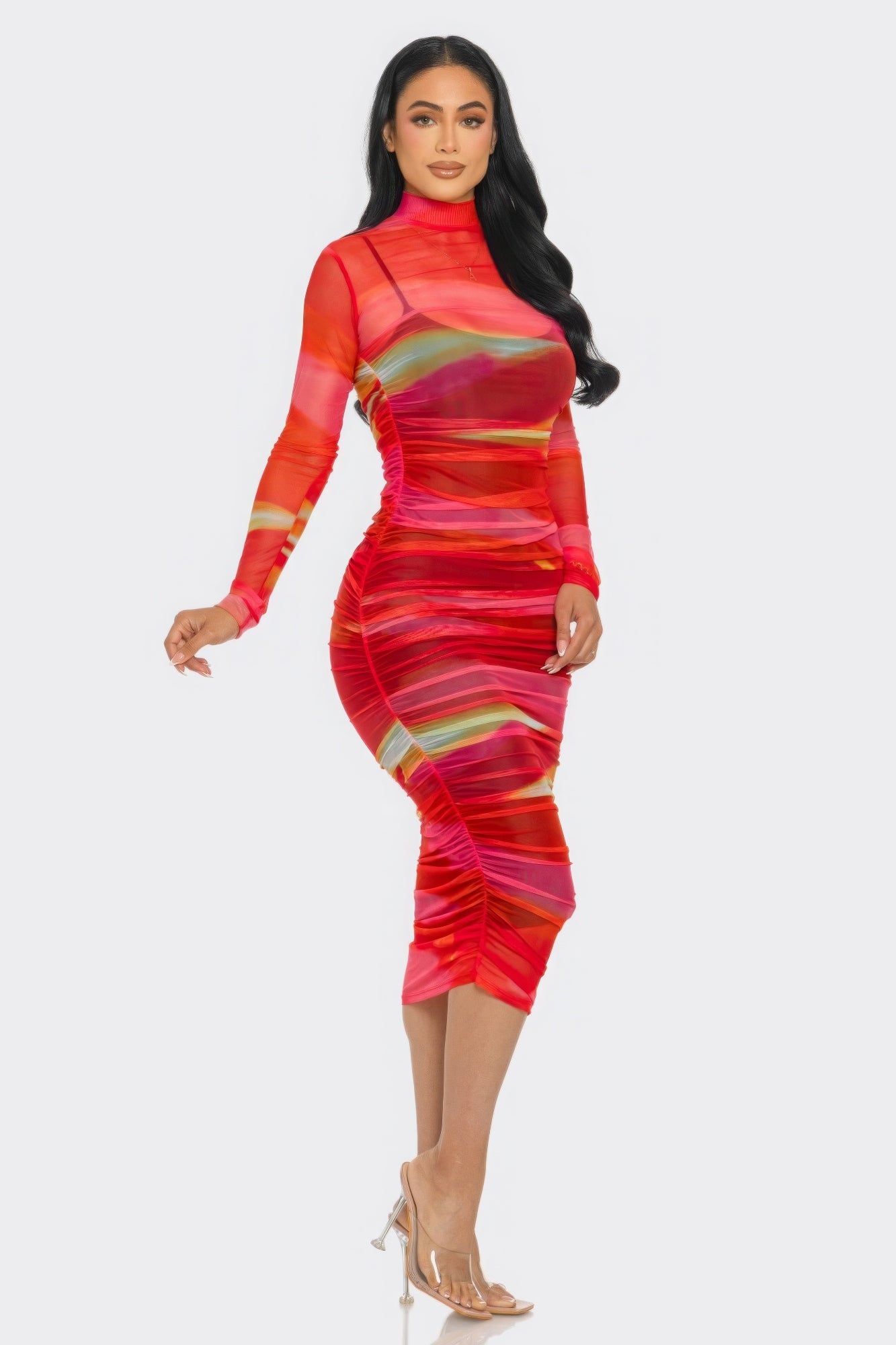 Glitch Print Mesh Ruched Midi Dress product image