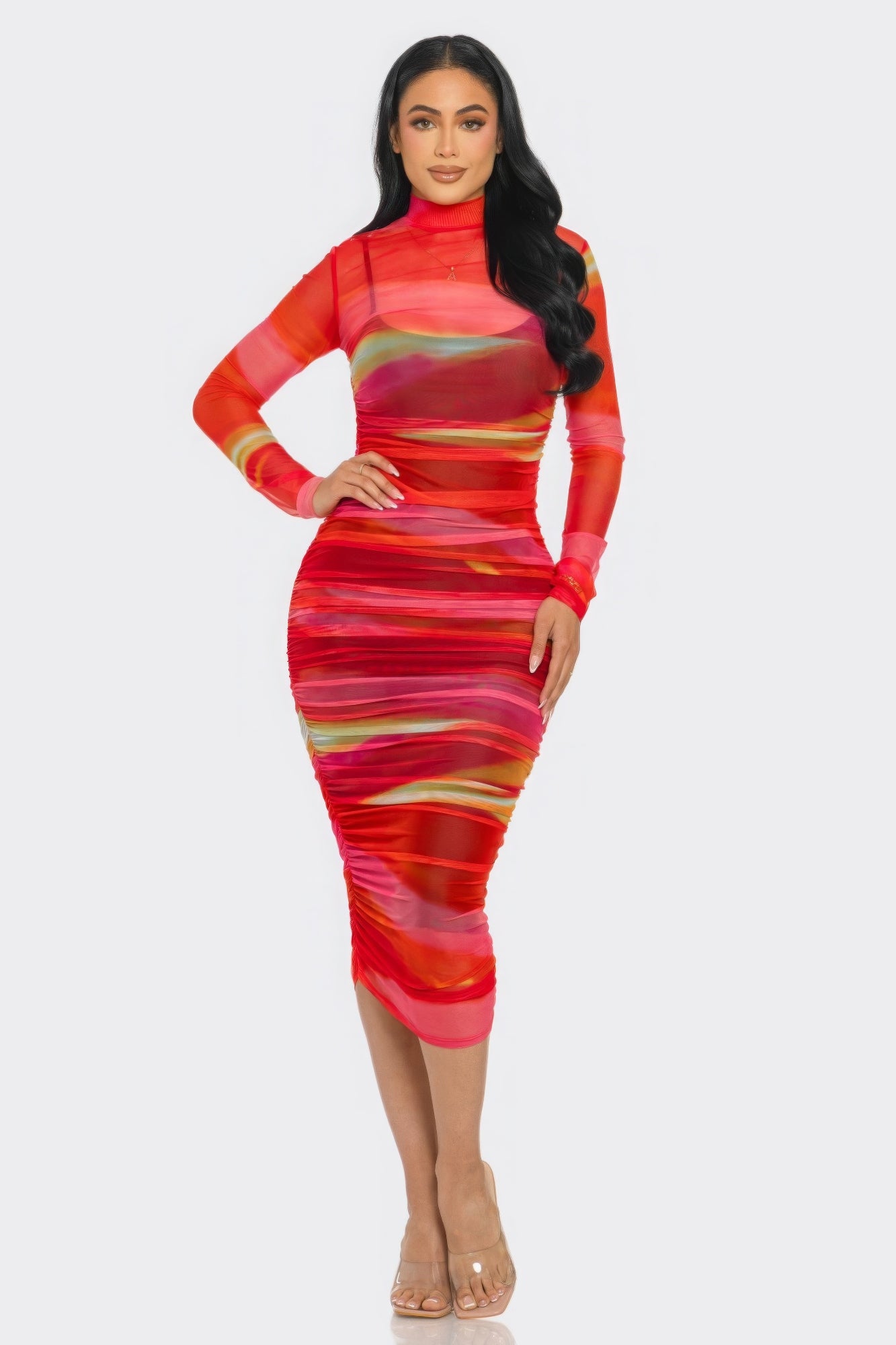 Glitch Print Mesh Ruched Midi Dress product image