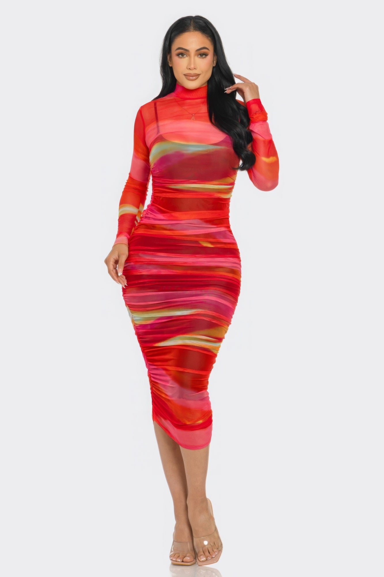 Glitch Print Mesh Ruched Midi Dress product image