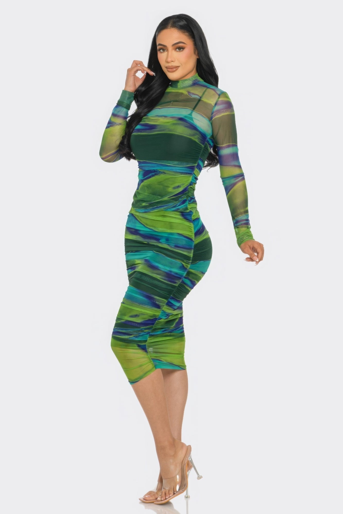 Glitch Print Mesh Ruched Midi Dress product image