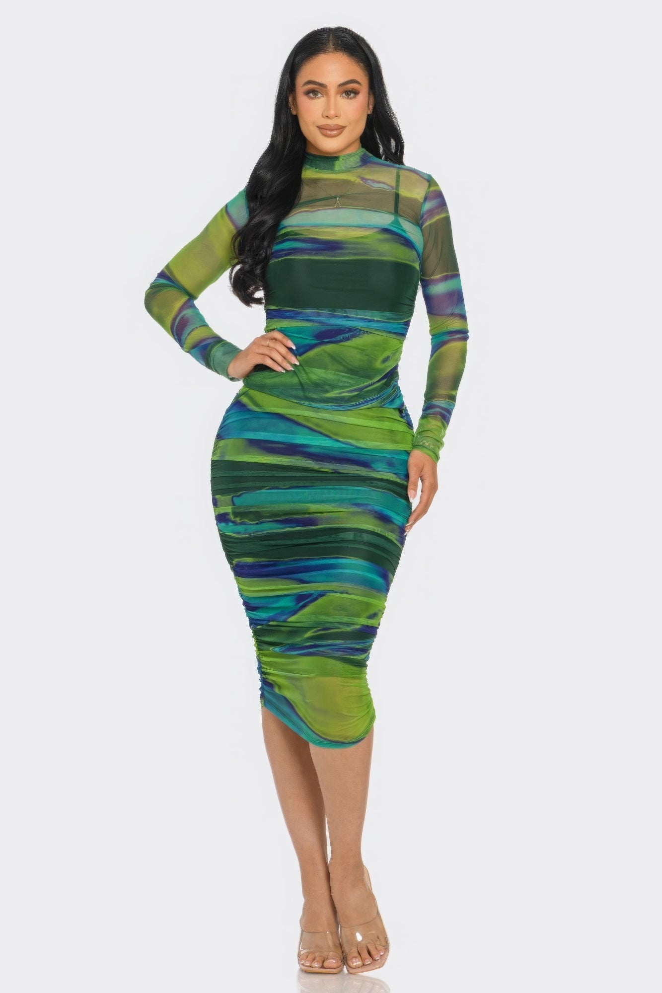 Glitch Print Mesh Ruched Midi Dress product image