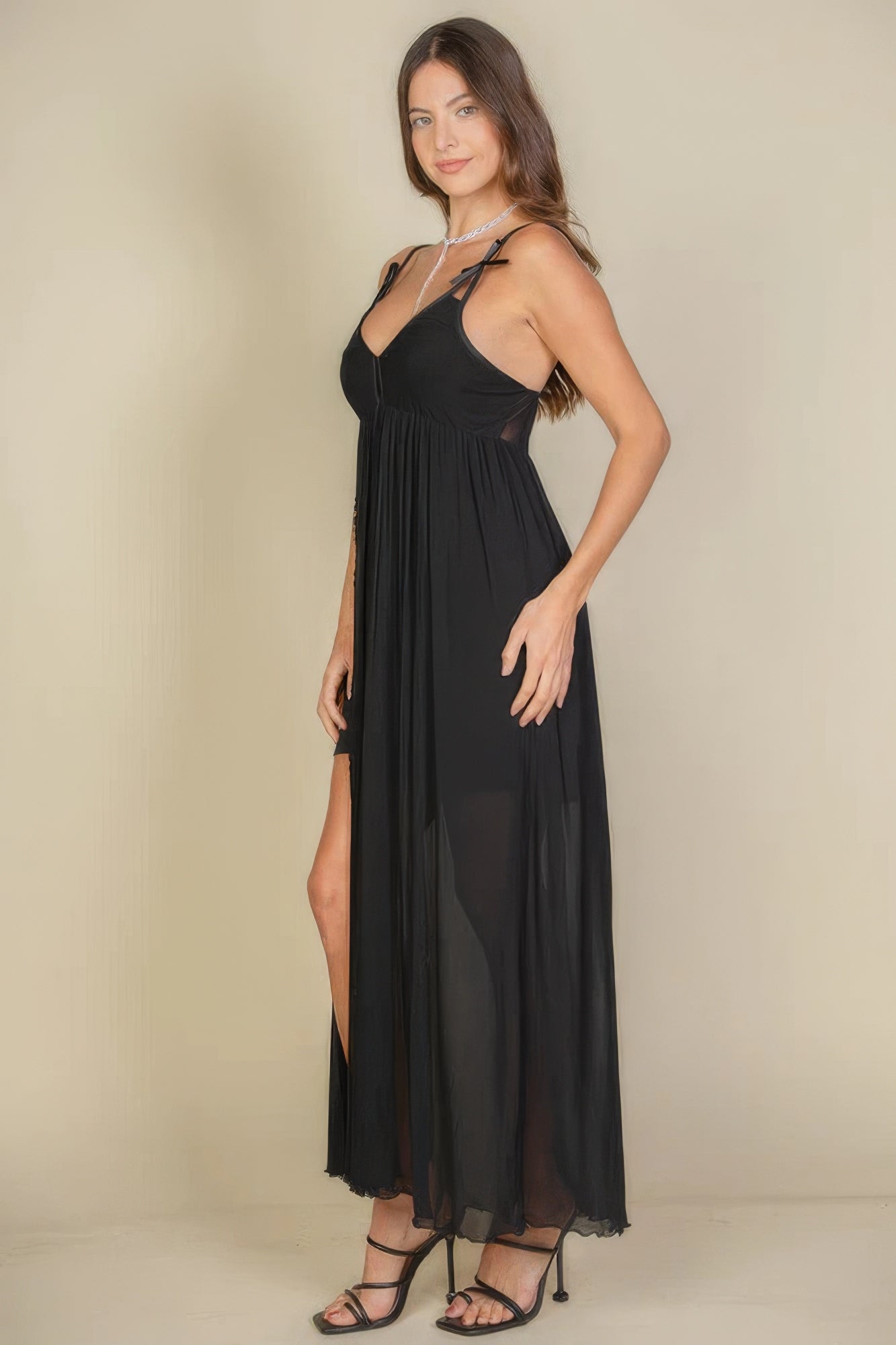 Plunge Neck Split Thigh Mesh Maxi Dress product image