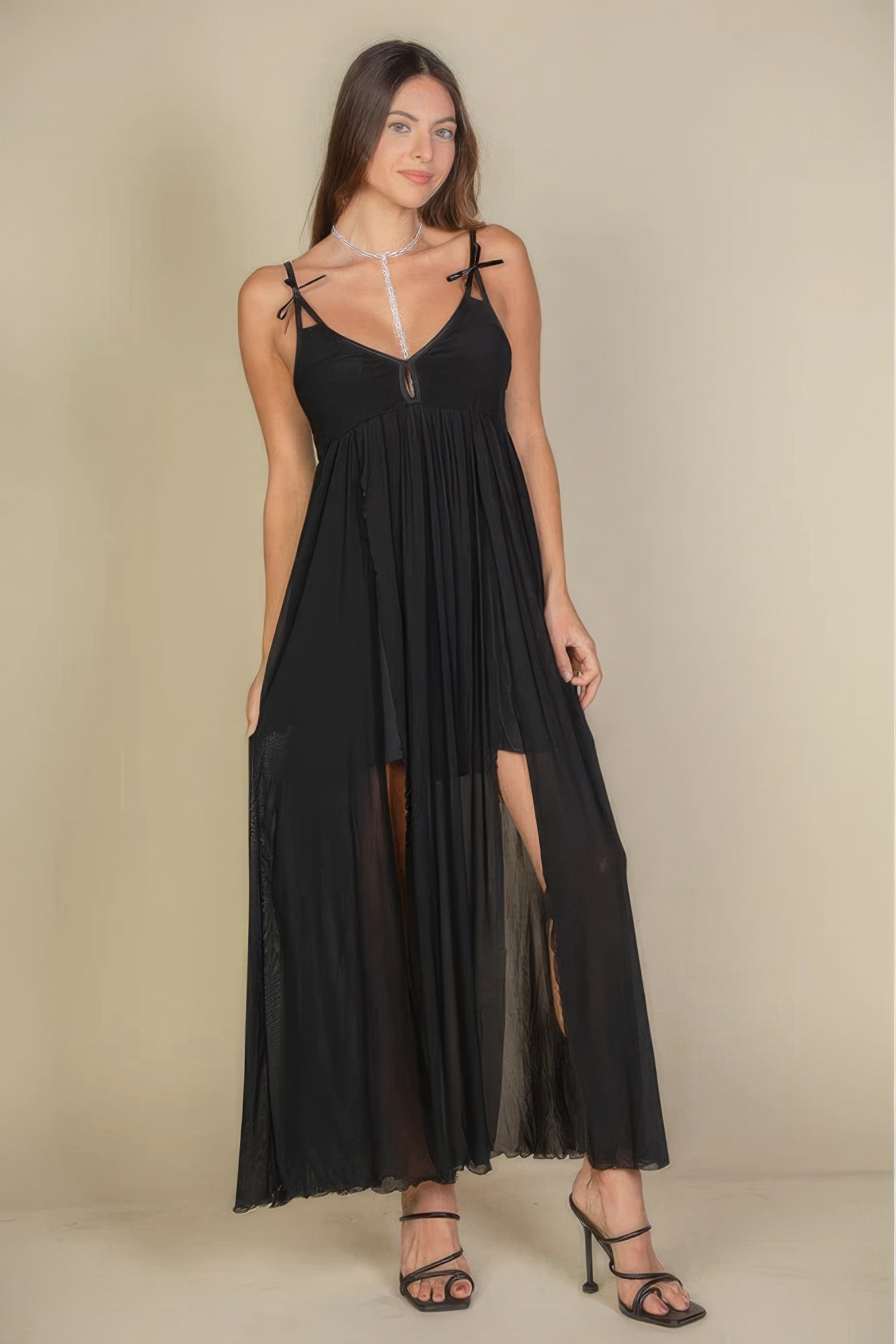 Plunge Neck Split Thigh Mesh Maxi Dress product image