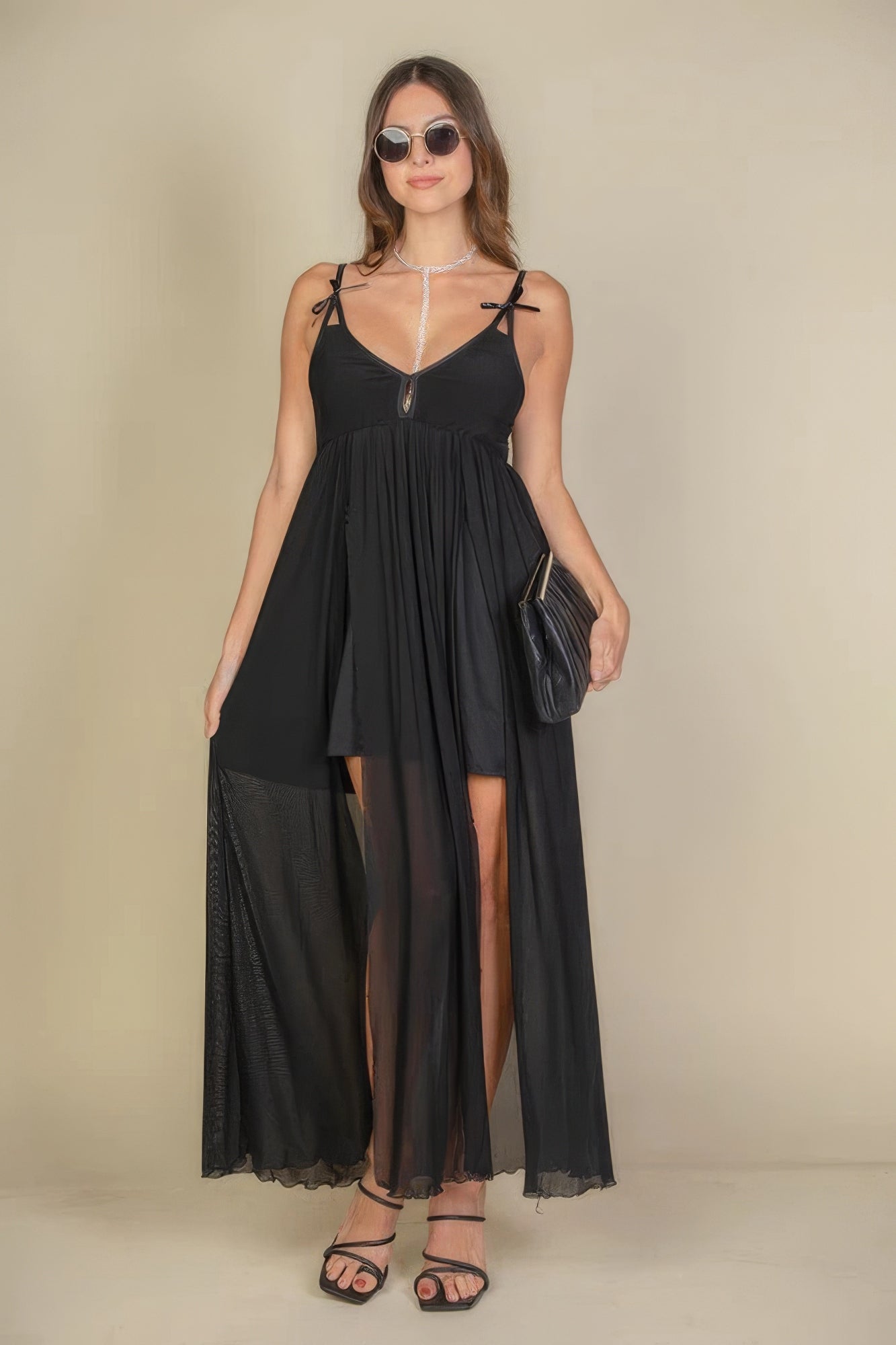 Plunge Neck Split Thigh Mesh Maxi Dress product image