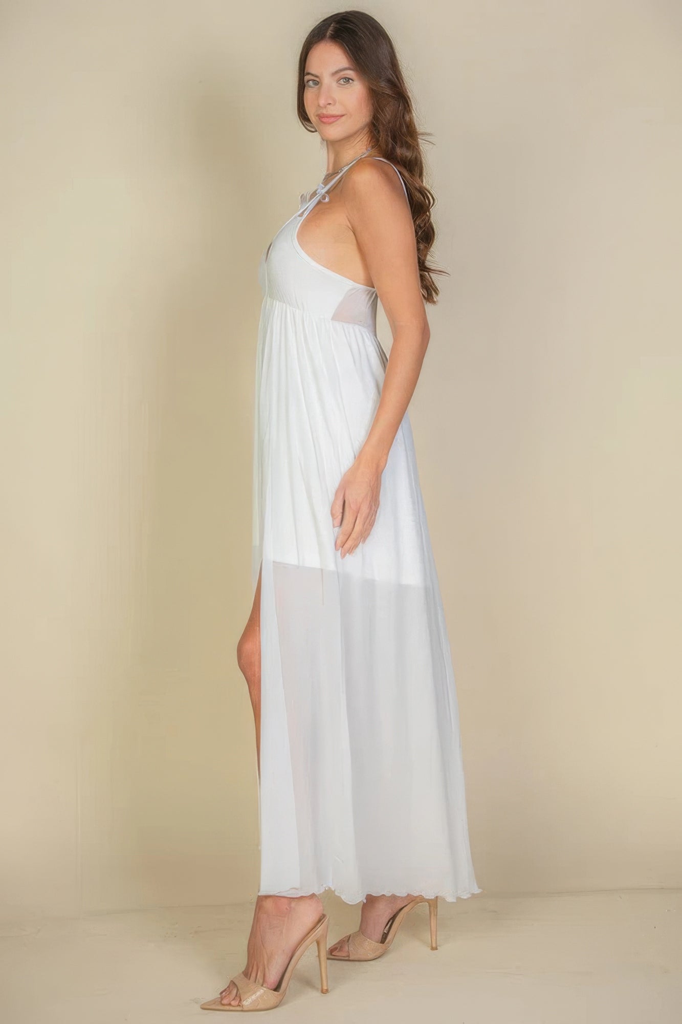 Plunge Neck Split Thigh Mesh Maxi Dress product image