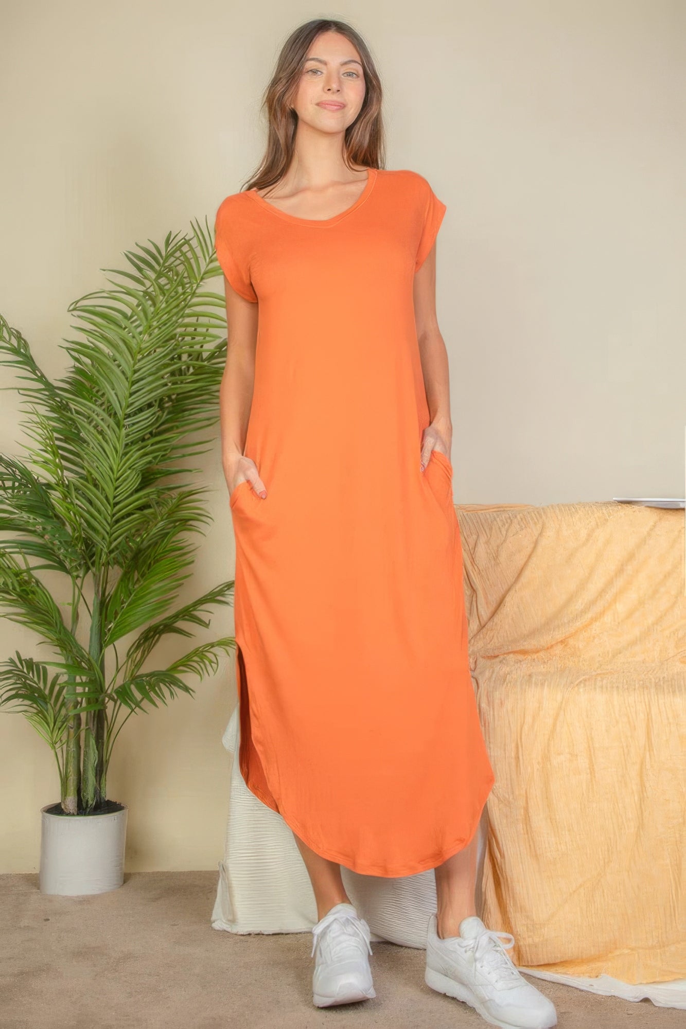 Hidden Pocket Batwing Sleeve V Neck Long Dress product image