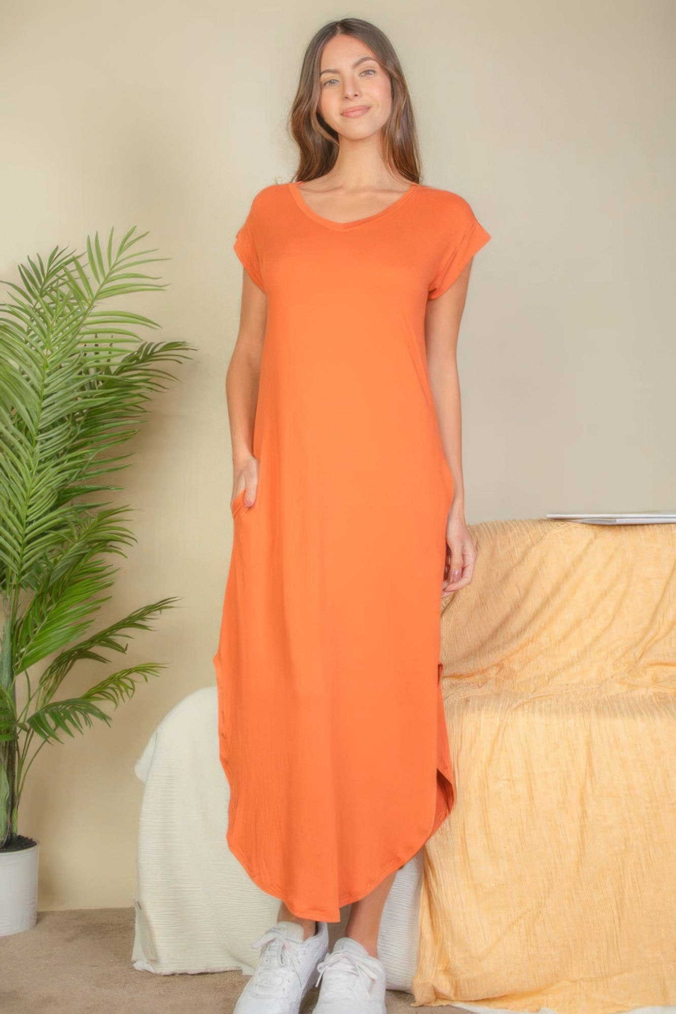 Hidden Pocket Batwing Sleeve V Neck Long Dress product image