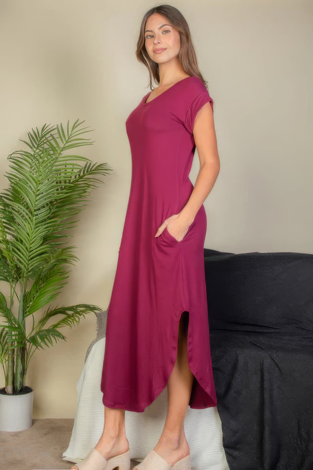 Hidden Pocket Batwing Sleeve V Neck Long Dress product image