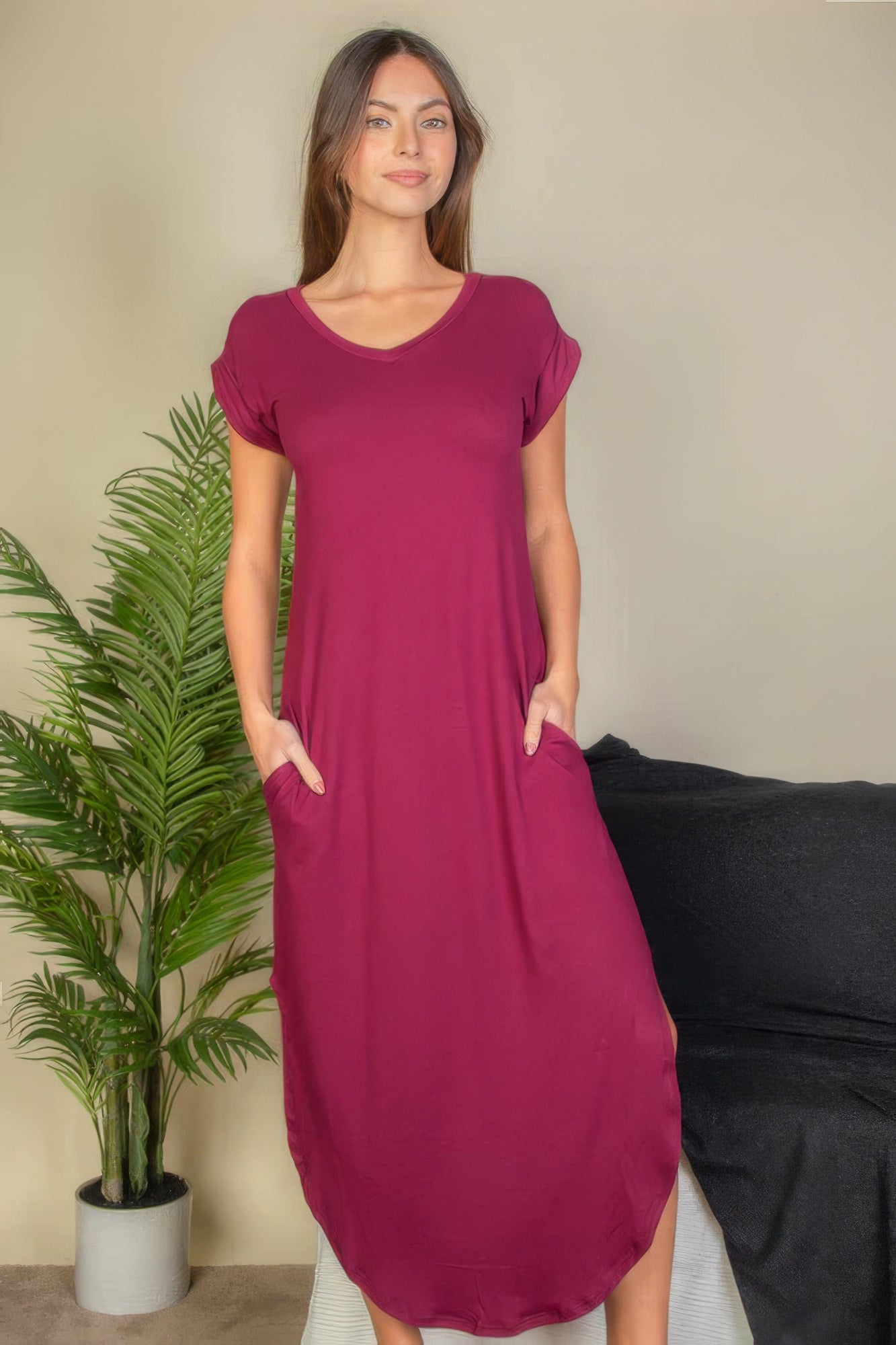 Hidden Pocket Batwing Sleeve V Neck Long Dress product image