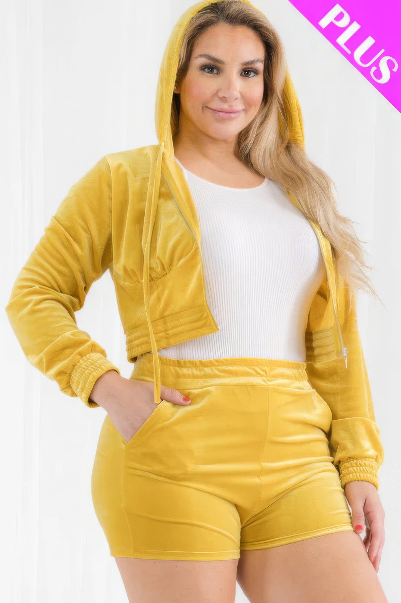 Plus Size Velour Crop Zip Up Hoodie And Shorts Set product image